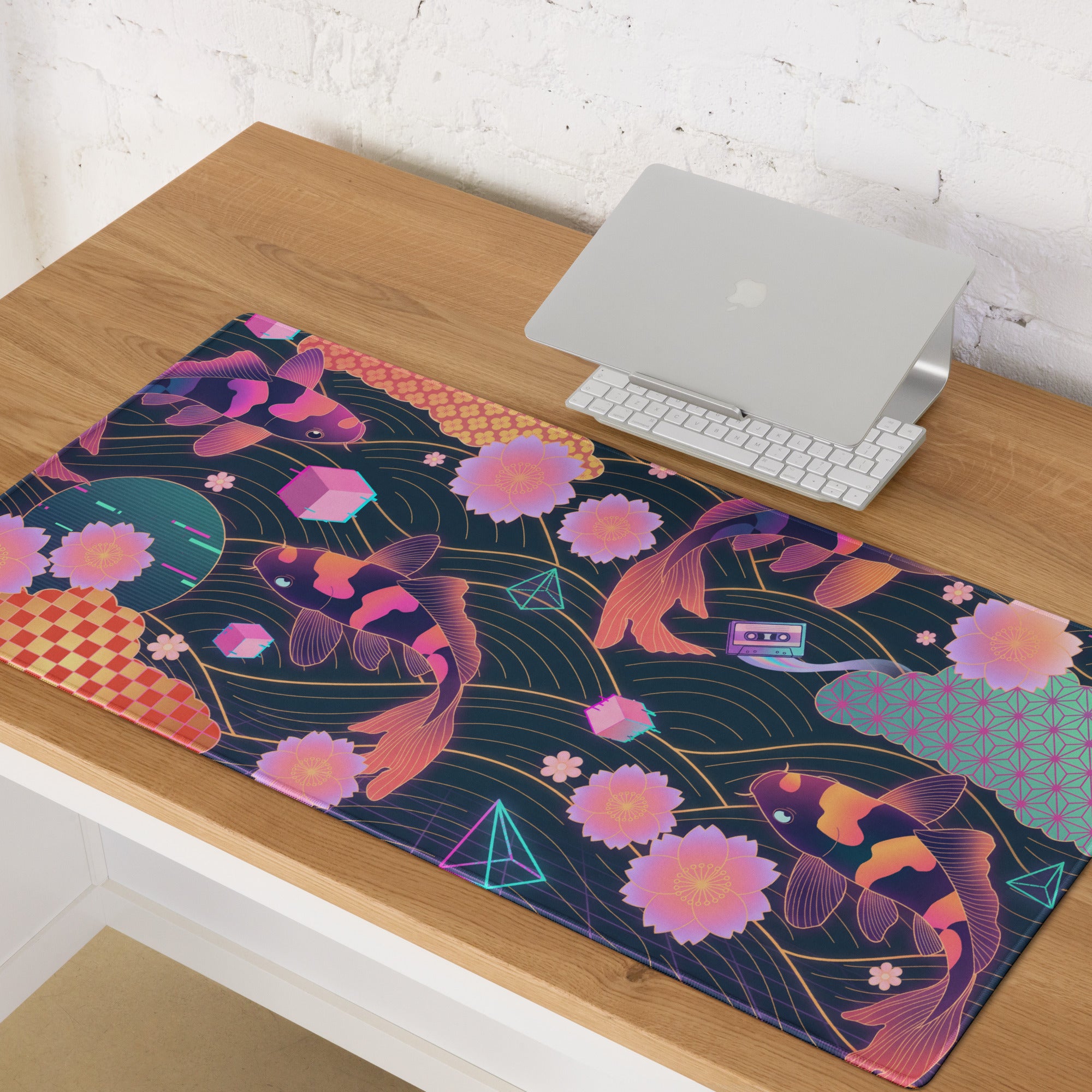 Neon Vaporwave Koi Desk Pad - Koi Fish Neon Pink Purple Gaming Desk Vaporwave Dreamy Neon Mood Retro Decor Digital Print