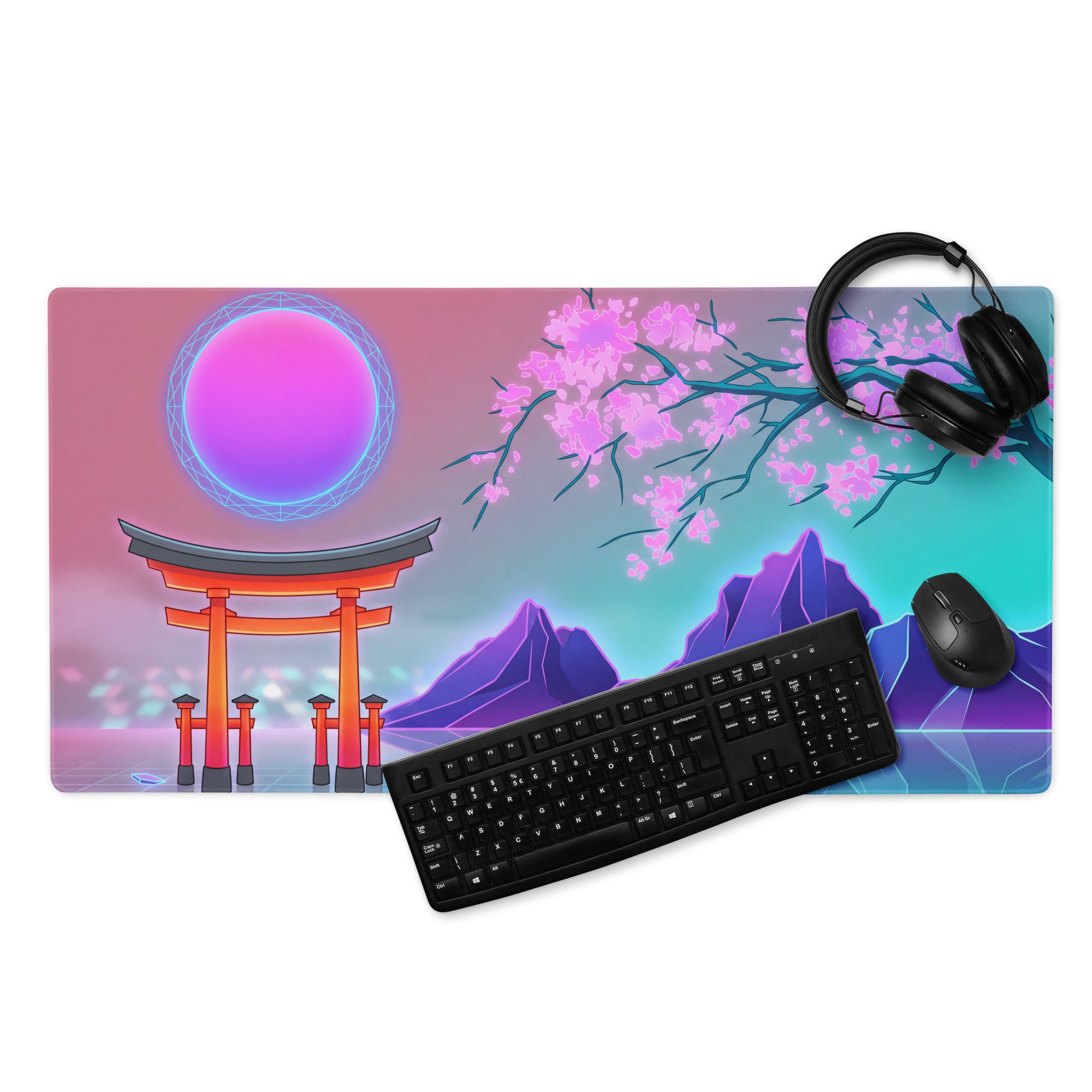 Vaporwave Neon Blossom Pad - Mouse Pad Pink Cyan Desk Setup Vaporwave Dreamy Retro Futuristic Aesthetic Digital Art