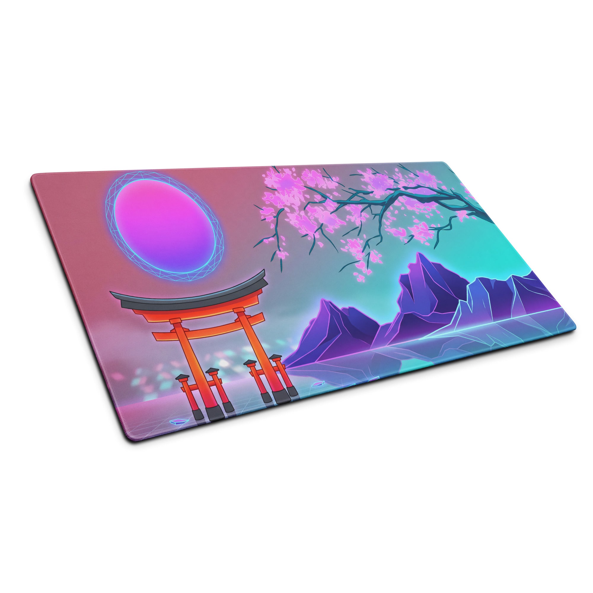 Vaporwave Neon Blossom Pad - Mouse Pad Pink Cyan Desk Setup Vaporwave Dreamy Retro Futuristic Aesthetic Digital Art