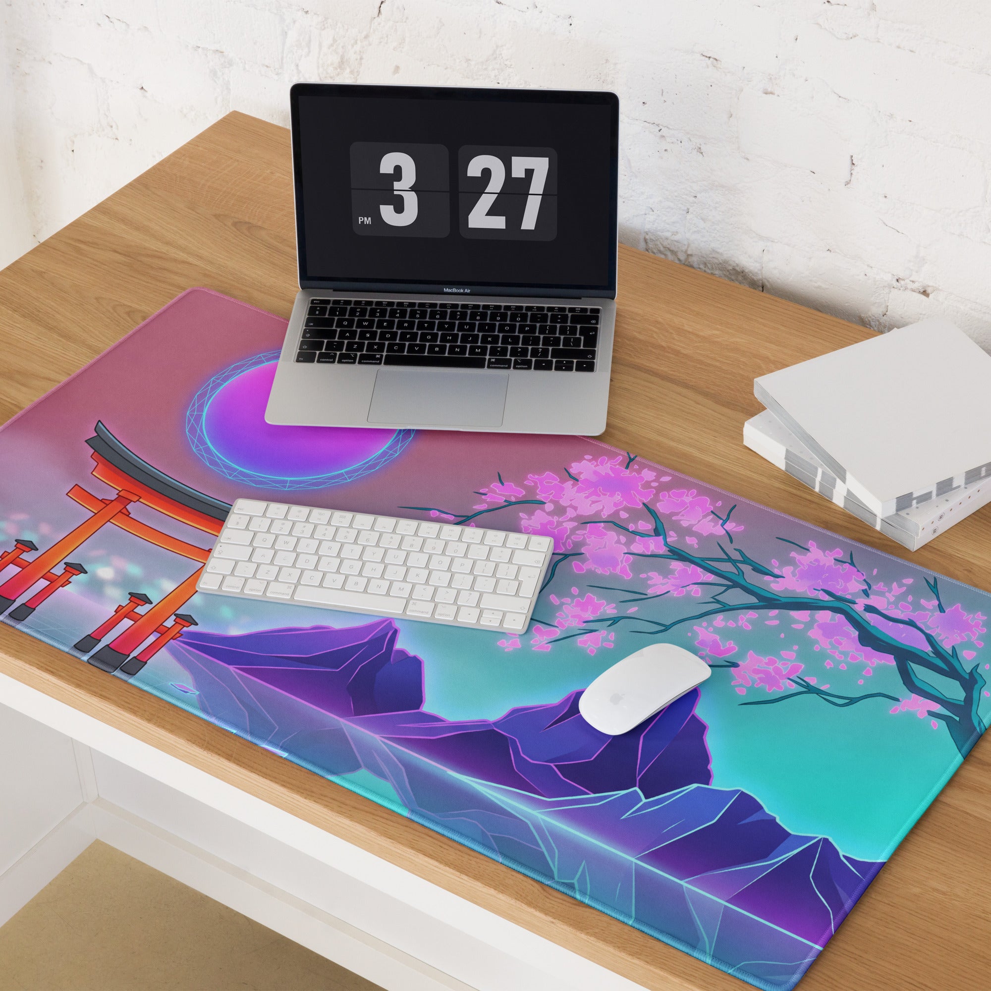 Vaporwave Neon Blossom Pad - Mouse Pad Pink Cyan Desk Setup Vaporwave Dreamy Retro Futuristic Aesthetic Digital Art