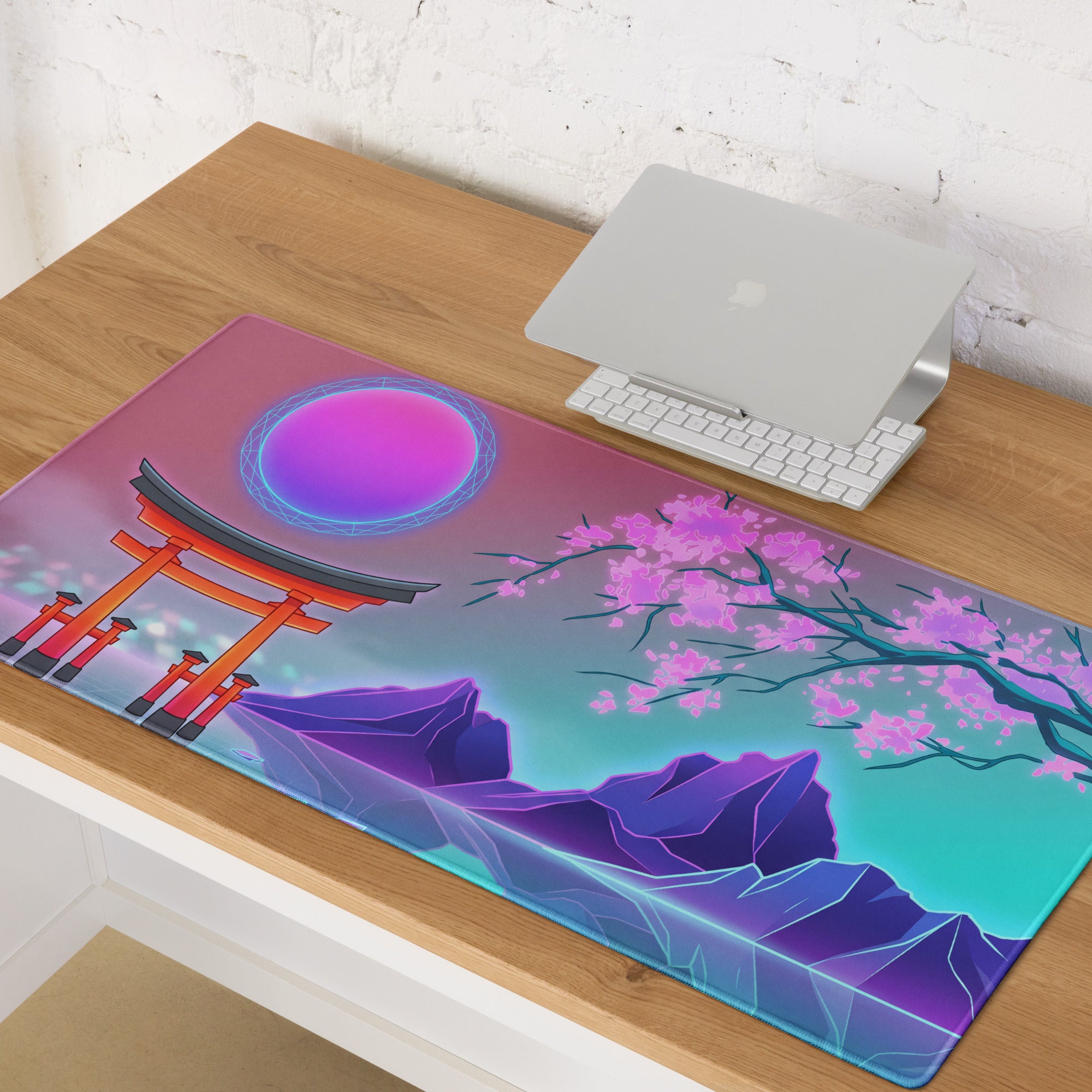 Vaporwave Neon Blossom Pad - Mouse Pad Pink Cyan Desk Setup Vaporwave Dreamy Retro Futuristic Aesthetic Digital Art