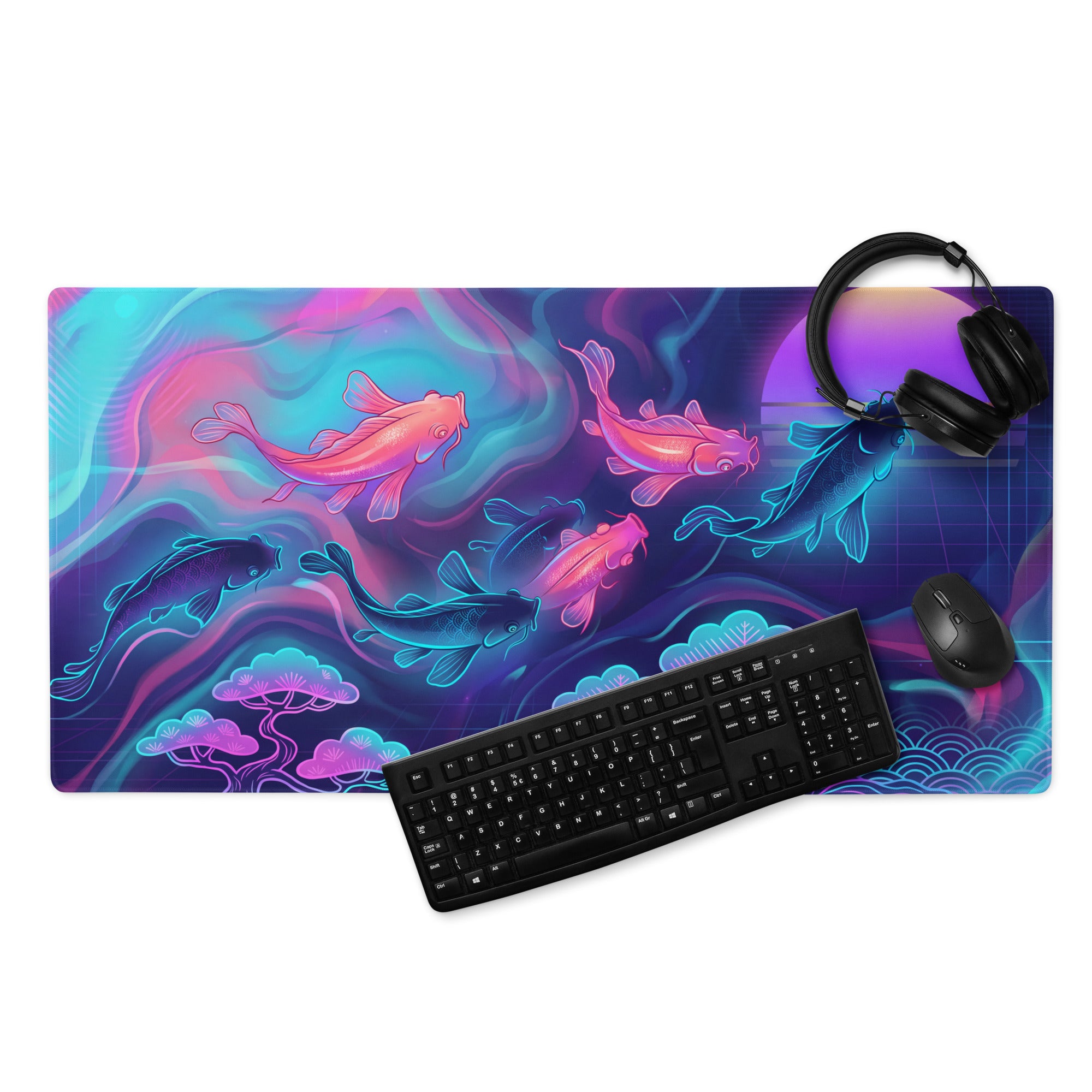 Neon Koi Vaporwave Mouse Pad - Koi Fish Neon Pink Cyan Vaporwave Vibrant Mood Neon Synthwave Decor Large Pad Digital Art