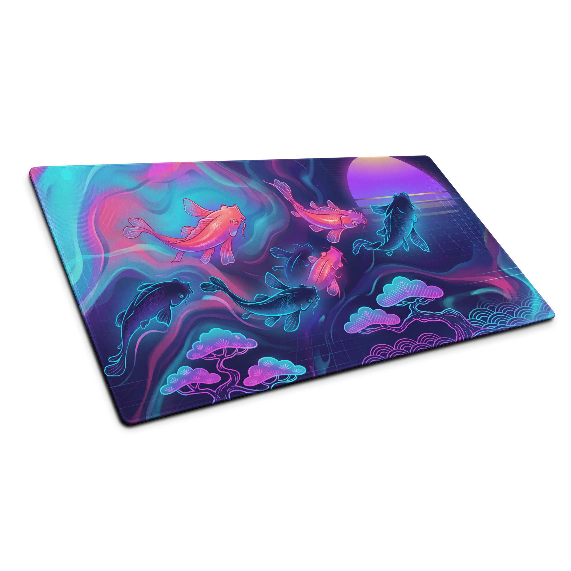 Neon Koi Vaporwave Mouse Pad - Koi Fish Neon Pink Cyan Vaporwave Vibrant Mood Neon Synthwave Decor Large Pad Digital Art