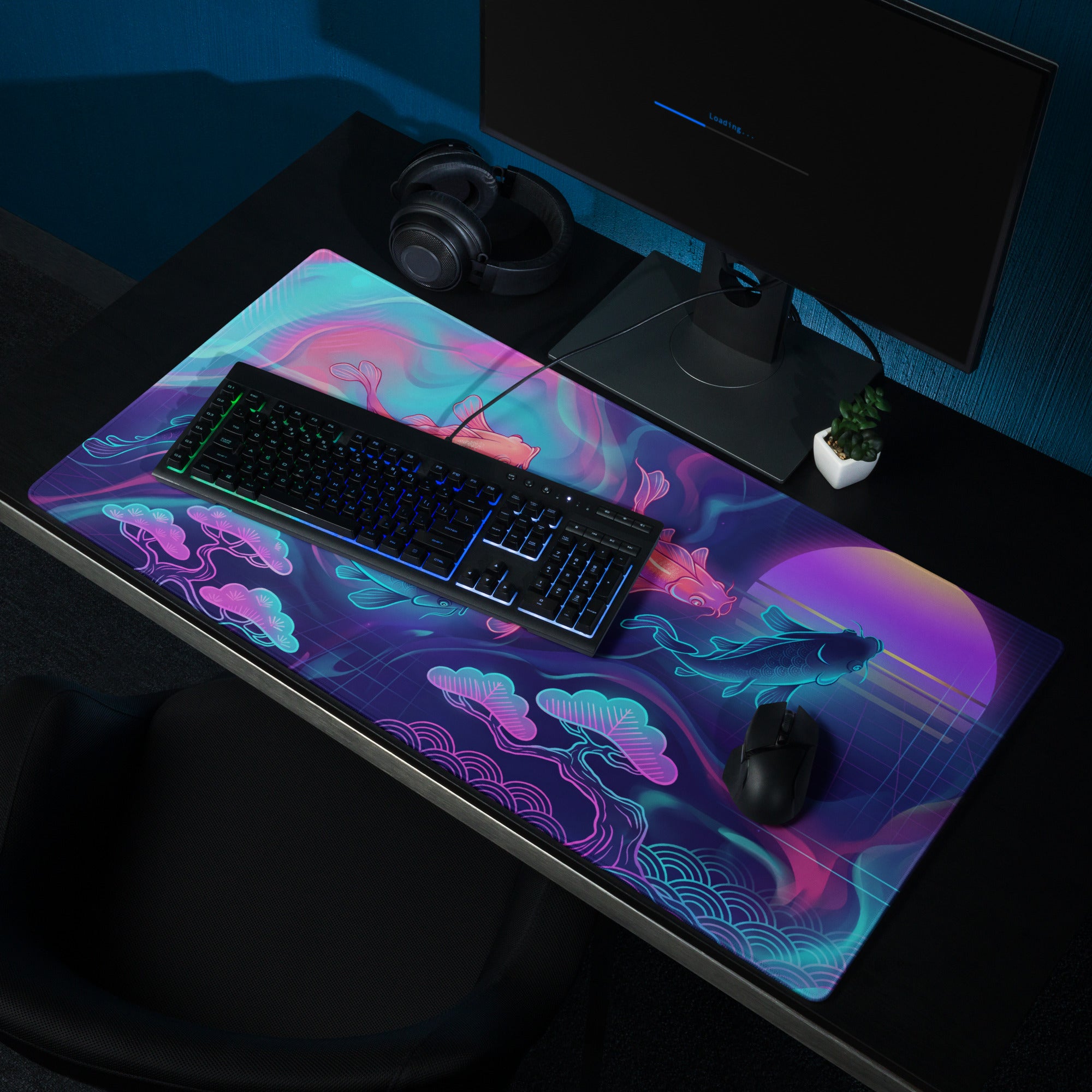 Neon Koi Vaporwave Mouse Pad - Koi Fish Neon Pink Cyan Vaporwave Vibrant Mood Neon Synthwave Decor Large Pad Digital Art