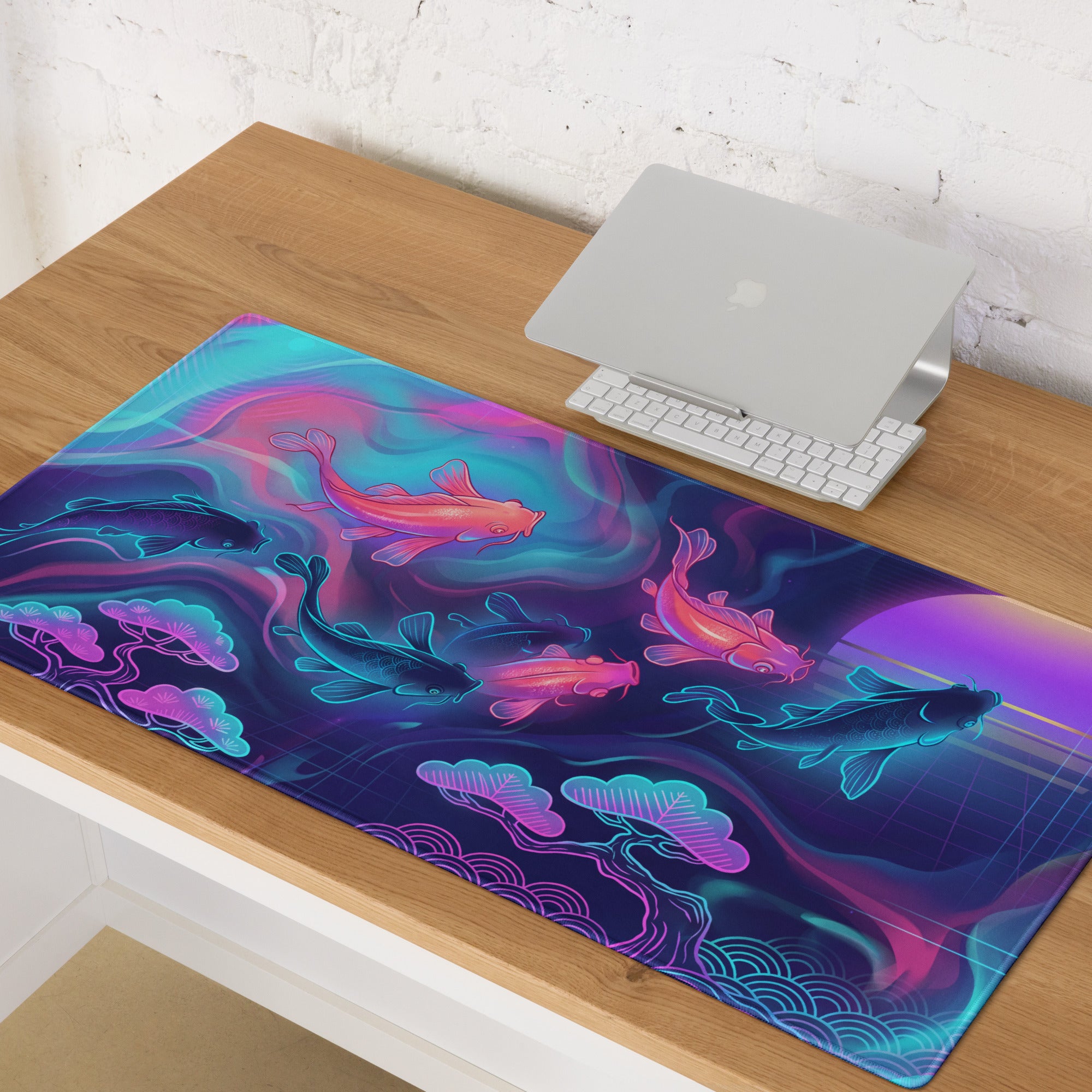 Neon Koi Vaporwave Mouse Pad - Koi Fish Neon Pink Cyan Vaporwave Vibrant Mood Neon Synthwave Decor Large Pad Digital Art