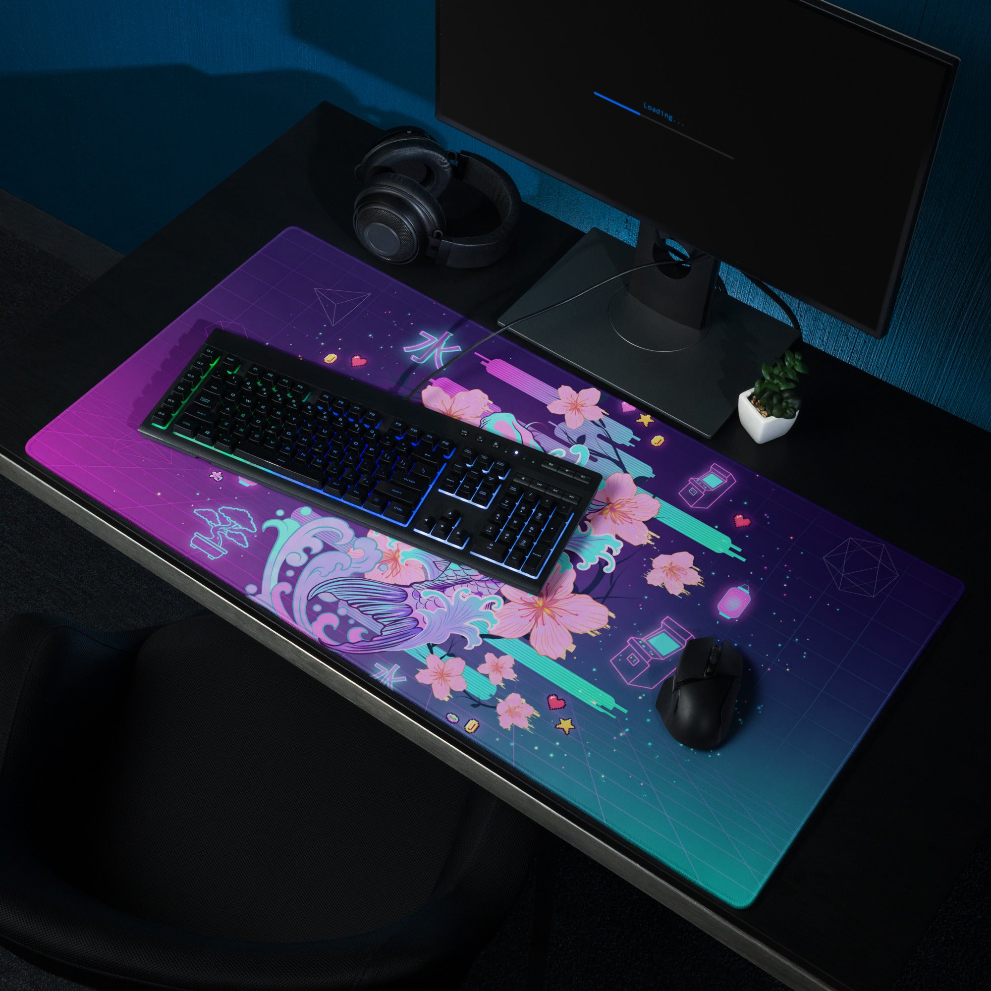 Neon Koi Vaporwave Mouse Pad - Mouse Pad Neon Purple Pink Vaporwave Dreamy Neon Aesthetic Gaming Desk Mat Digital Art