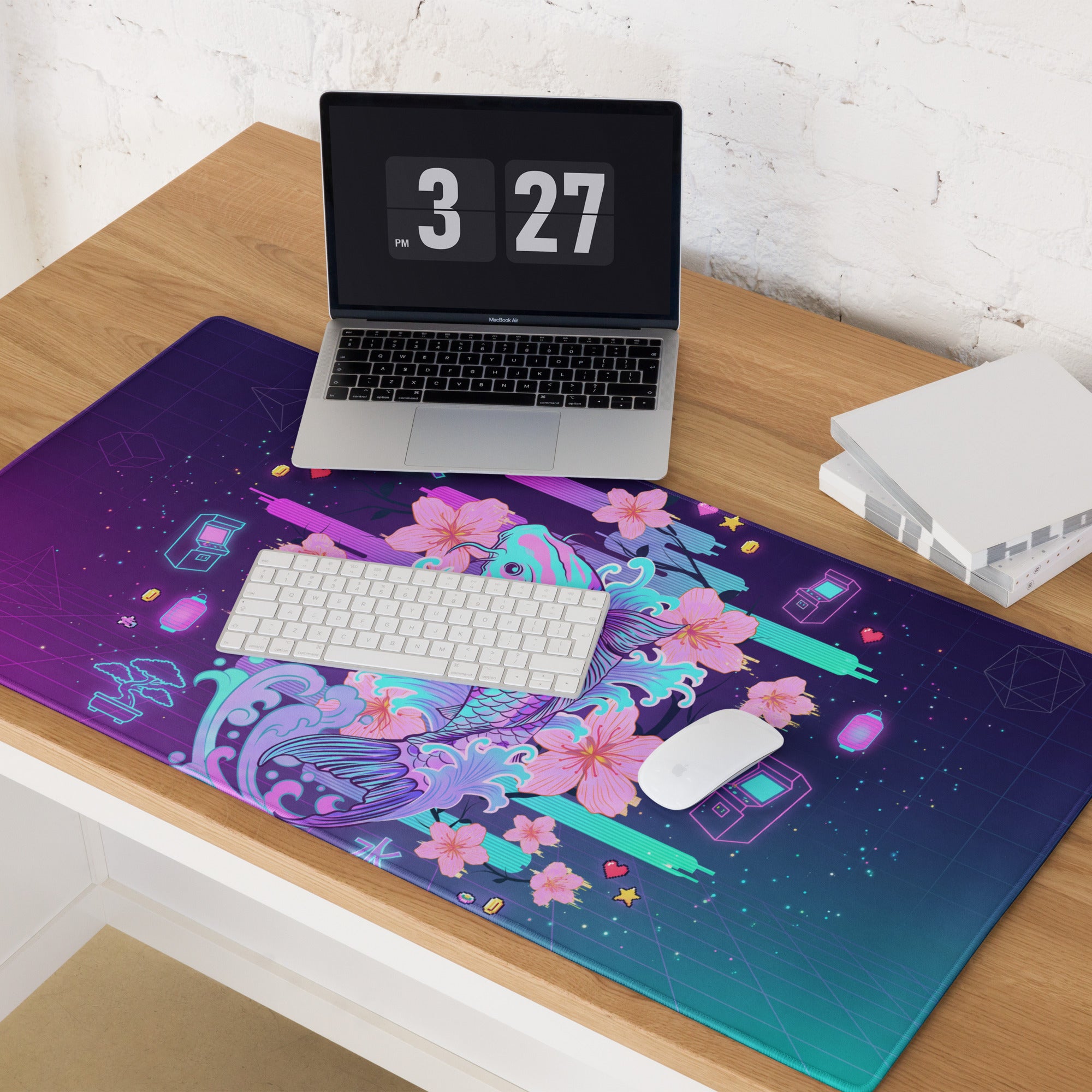 Neon Koi Vaporwave Mouse Pad - Mouse Pad Neon Purple Pink Vaporwave Dreamy Neon Aesthetic Gaming Desk Mat Digital Art