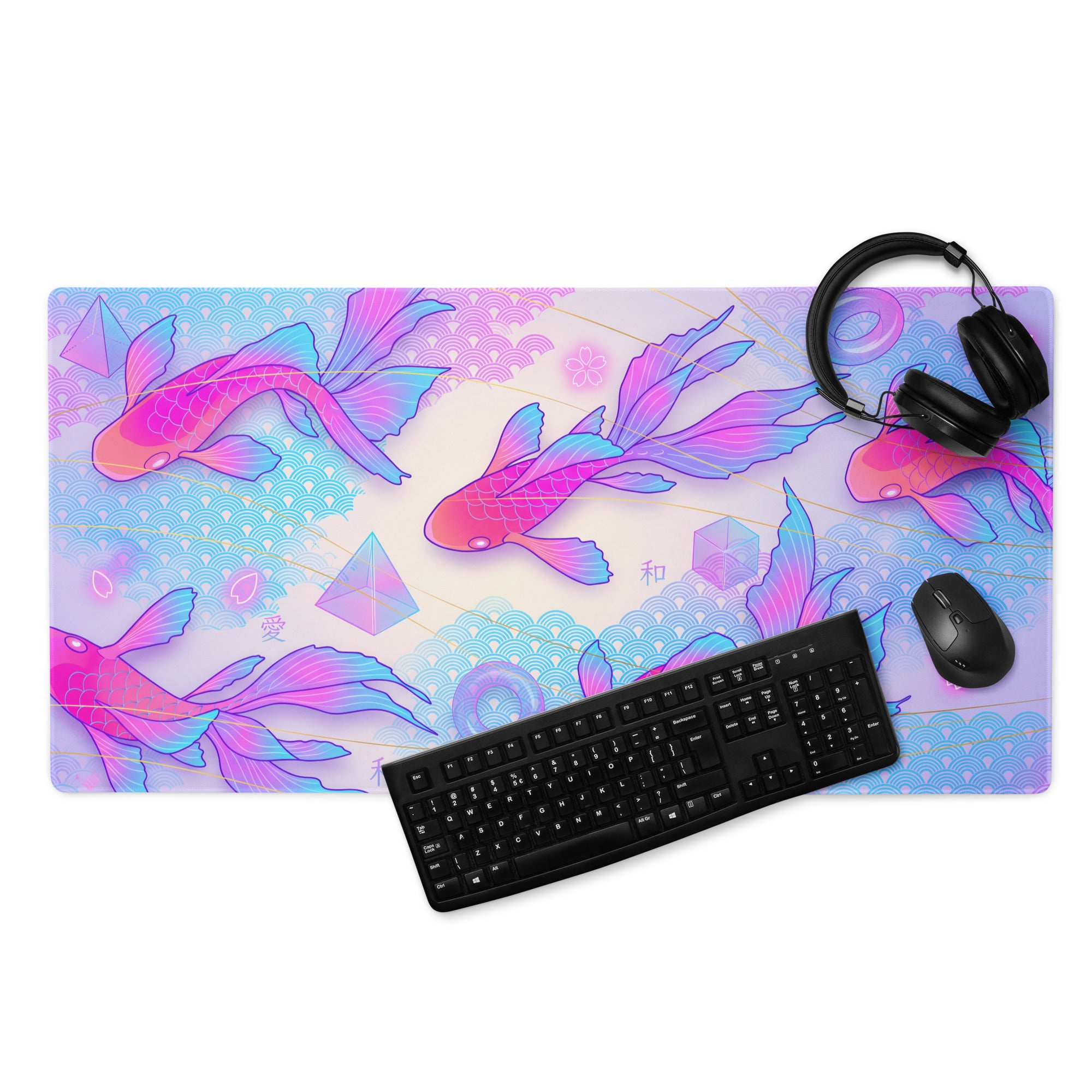 Vaporwave Koi Fish Gaming Pad - Koi Fish Pink Purple Blue Gaming Desk Vaporwave Neon Retro Futurism Mouse Pad Digital