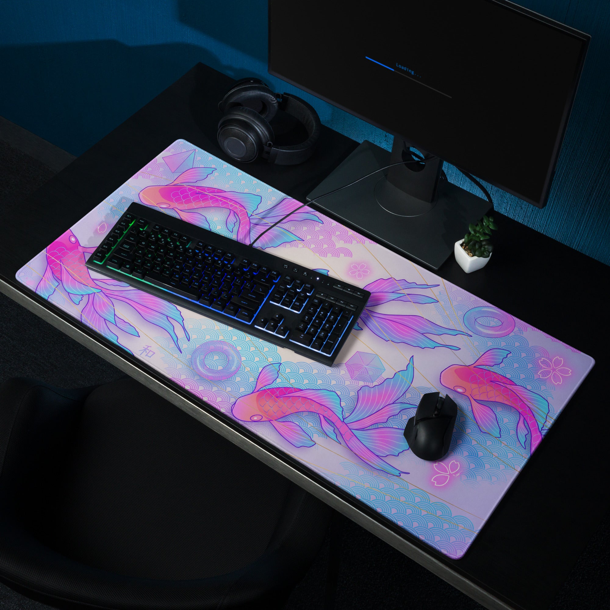 Vaporwave Koi Fish Gaming Pad - Koi Fish Pink Purple Blue Gaming Desk Vaporwave Neon Retro Futurism Mouse Pad Digital