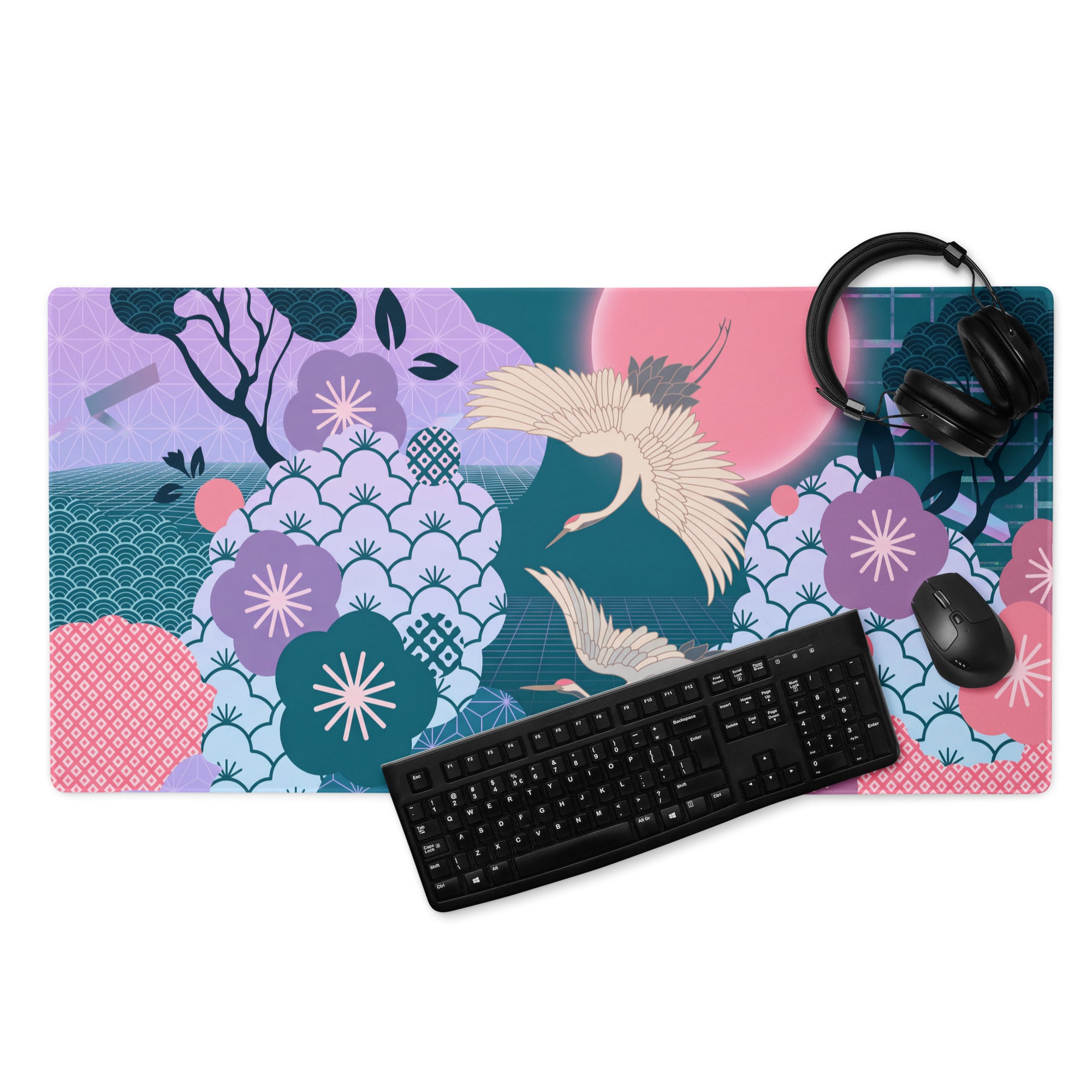 Vaporwave Floral Desk Pad - Gaming Mouse Pad Purple Teal Vaporwave Retro Mood Synthwave Desk Accessory Digital Art