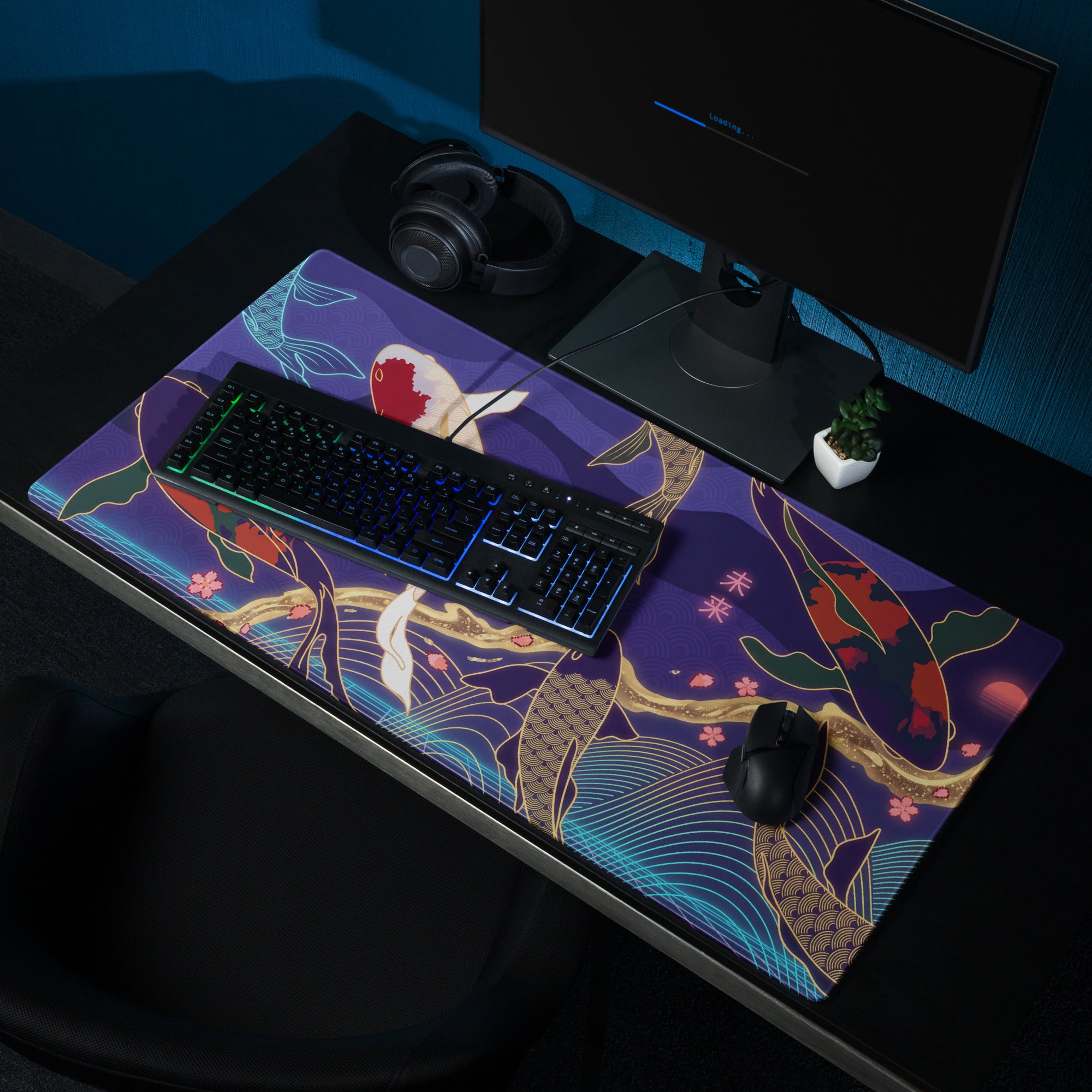 Vaporwave Koi Mouse Pad - Mouse Pad Purple Blue Gold Gaming Vaporwave Mood Nostalgic Neon Minimalist Niche DeskMat Art
