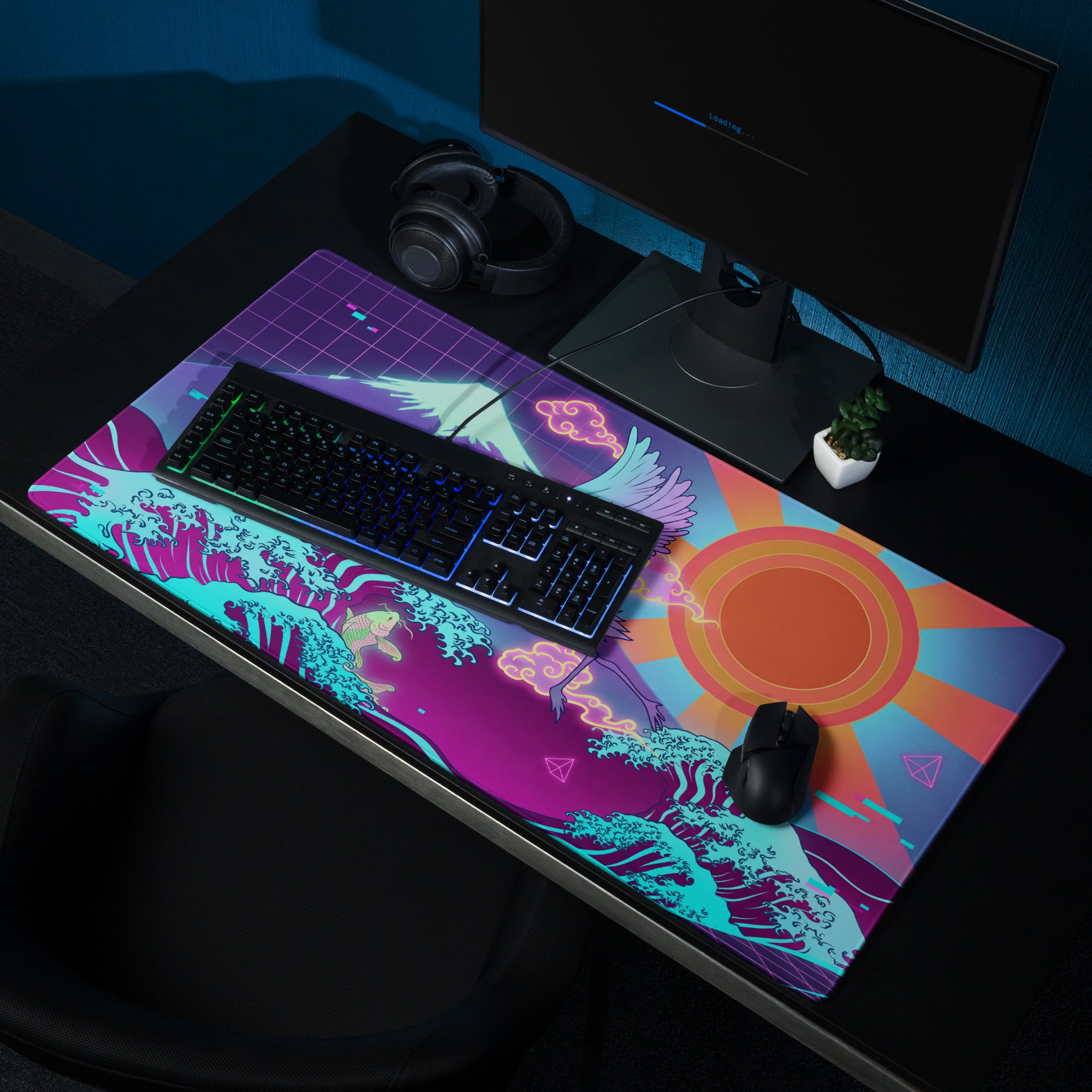 Vaporwave Neon Desk Mat - Vaporwave Mouse Pad Purple Pink Desk Synthwave Energetic Neo Retro Digital Art