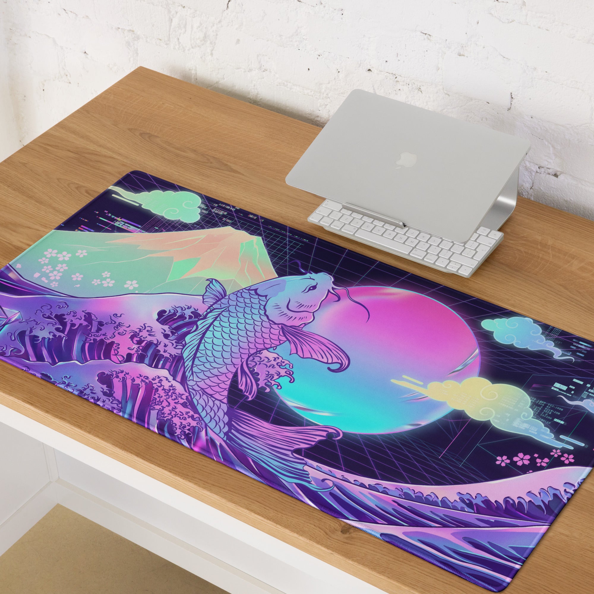 Vaporwave Koi Neon Mouse Pad - Koi Neon Purple Pink Teal Desk Vaporwave Dreamy Neon Mood Vaporwave Digital Art