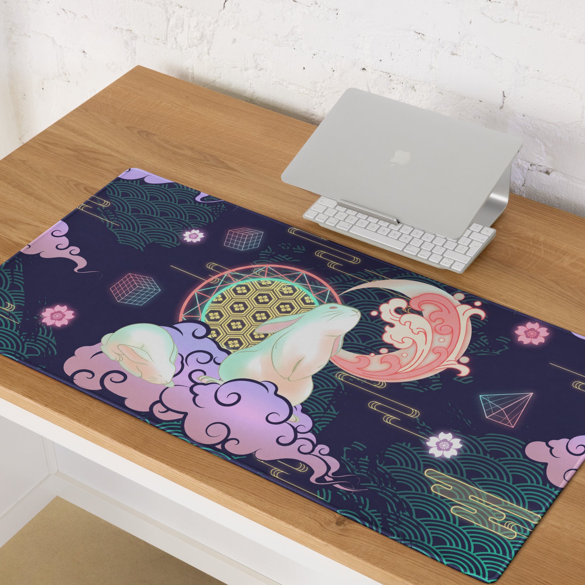 Neon Vaporwave Gaming Pad - Gaming Mouse Pad Navy Purple Desk Vaporwave Dreamy Neon Glow Synthwave Desk Mat Digital Art
