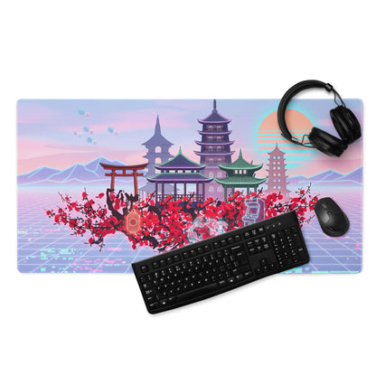 Pastel Vaporwave Pagoda Mouse Pad - Pagoda Scene Pink Purple Desk Vaporwave Dreamy Retro Neon Mouse Pad Digital Art