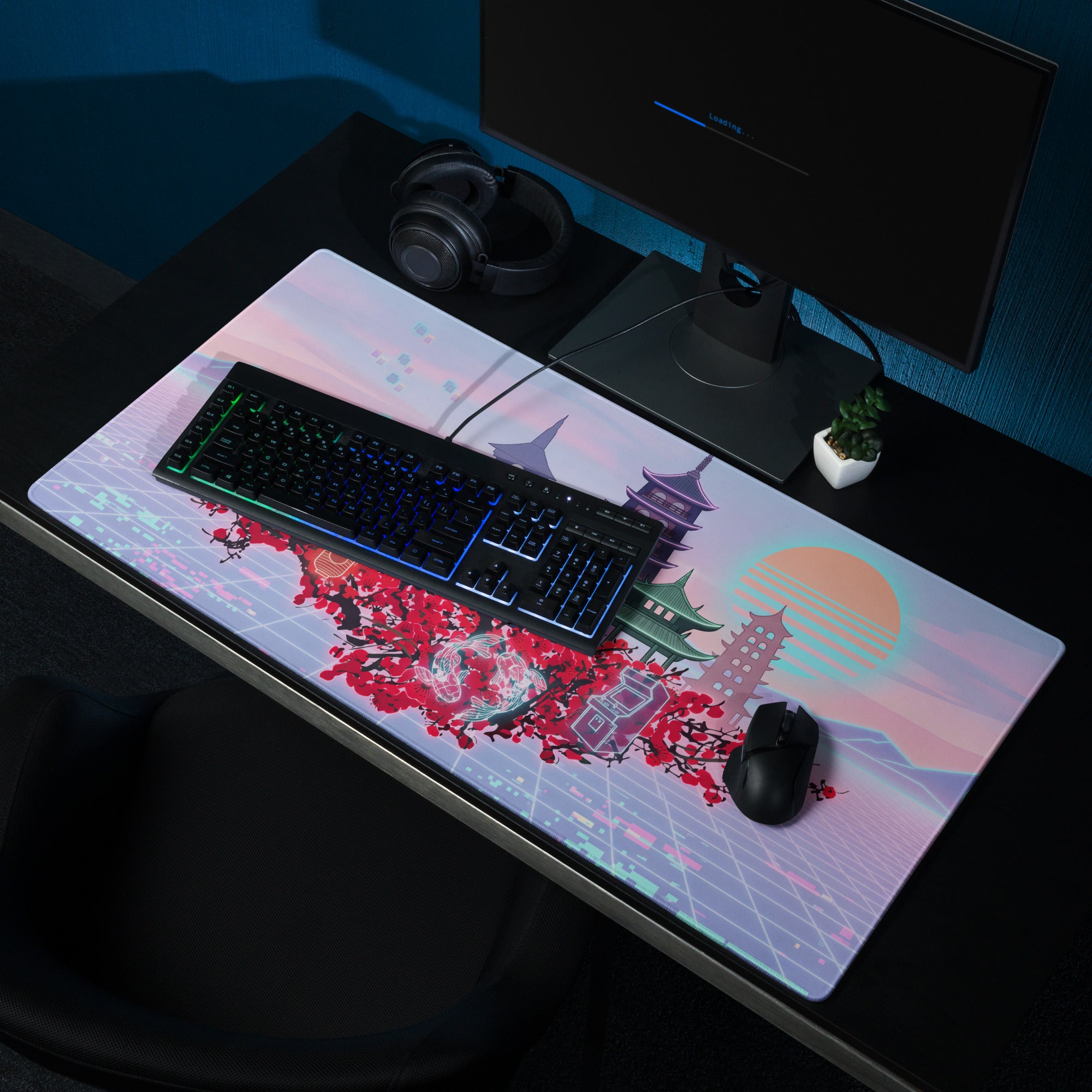 Pastel Vaporwave Pagoda Mouse Pad - Pagoda Scene Pink Purple Desk Vaporwave Dreamy Retro Neon Mouse Pad Digital Art