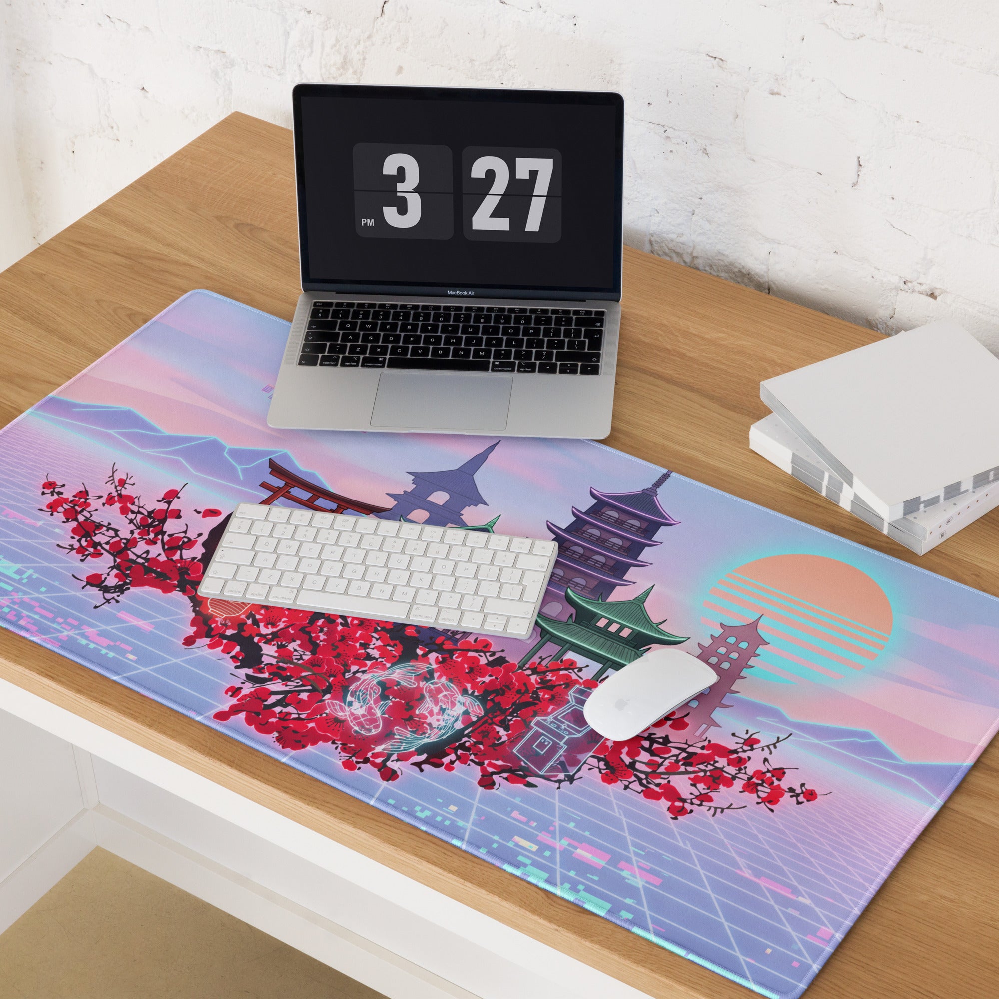 Pastel Vaporwave Pagoda Mouse Pad - Pagoda Scene Pink Purple Desk Vaporwave Dreamy Retro Neon Mouse Pad Digital Art