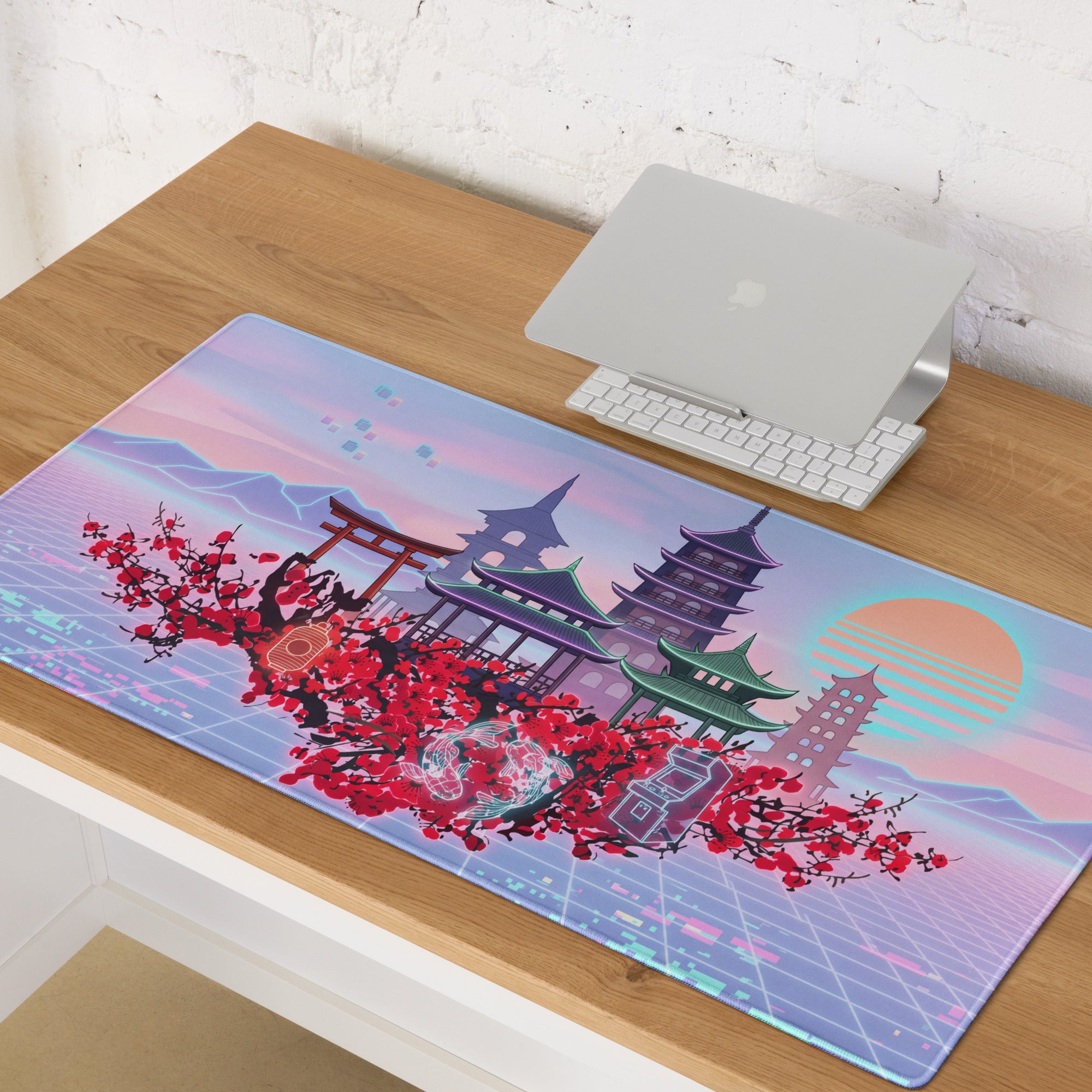 Pastel Vaporwave Pagoda Mouse Pad - Pagoda Scene Pink Purple Desk Vaporwave Dreamy Retro Neon Mouse Pad Digital Art