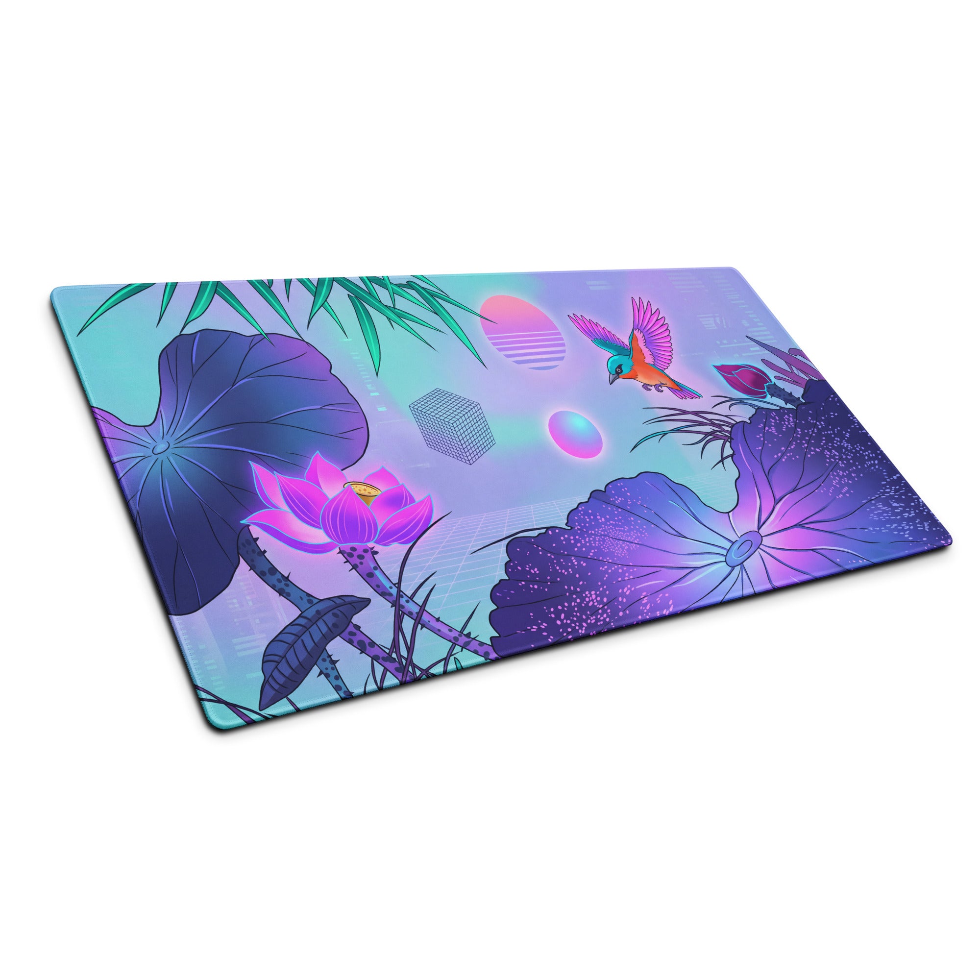 Vaporwave Neon Lotus Mouse Pad - Gaming Mouse Pad Blue Purple Pink Desktop Vaporwave Dreamy Mood Neon Decor Digital