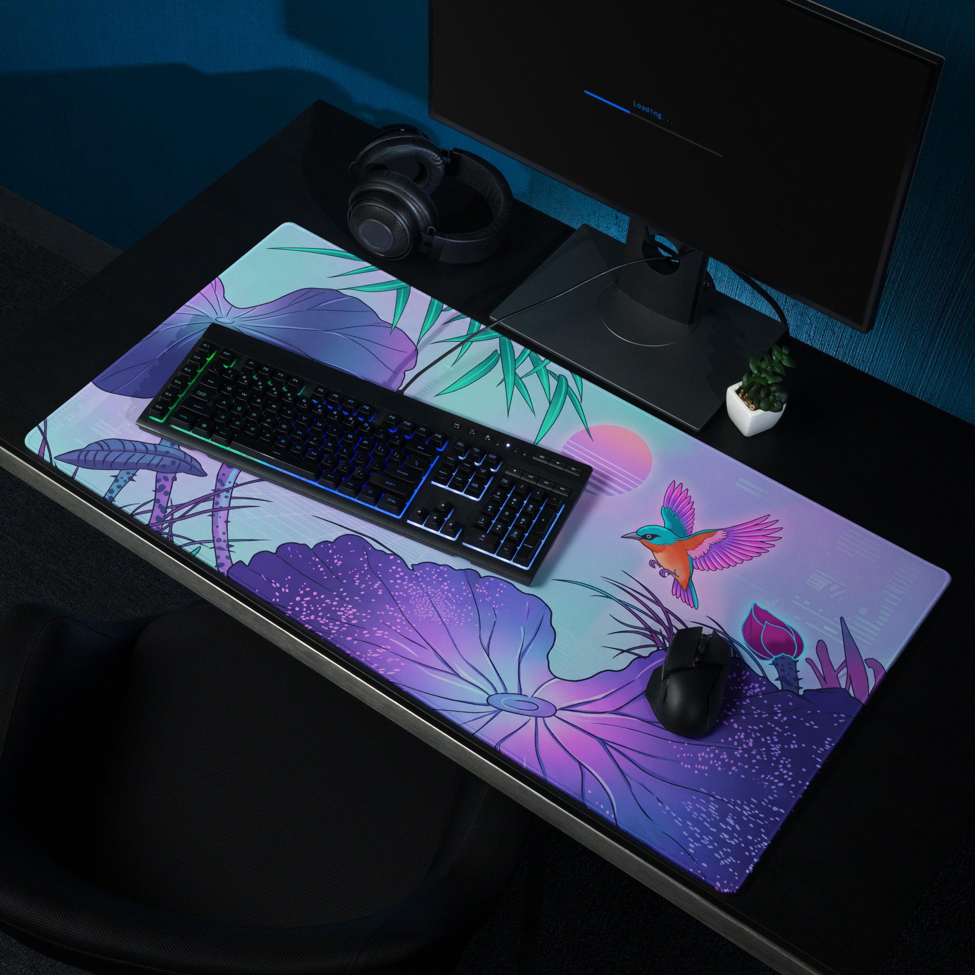Vaporwave Neon Lotus Mouse Pad - Gaming Mouse Pad Blue Purple Pink Desktop Vaporwave Dreamy Mood Neon Decor Digital