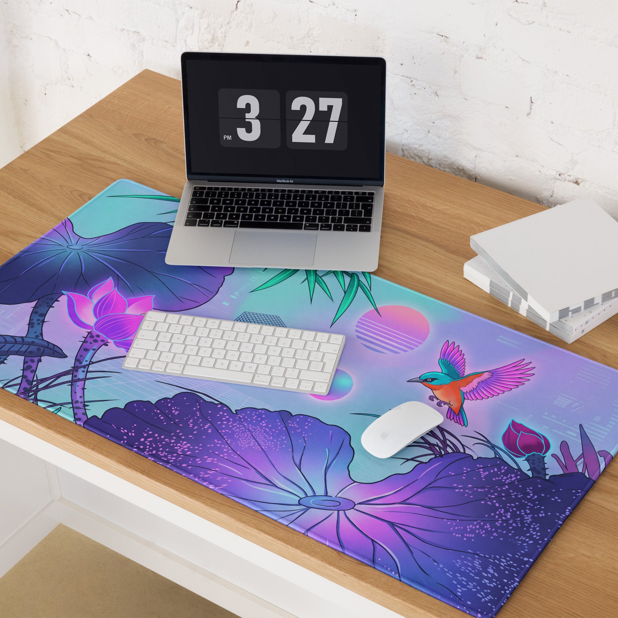 Vaporwave Neon Lotus Mouse Pad - Gaming Mouse Pad Blue Purple Pink Desktop Vaporwave Dreamy Mood Neon Decor Digital