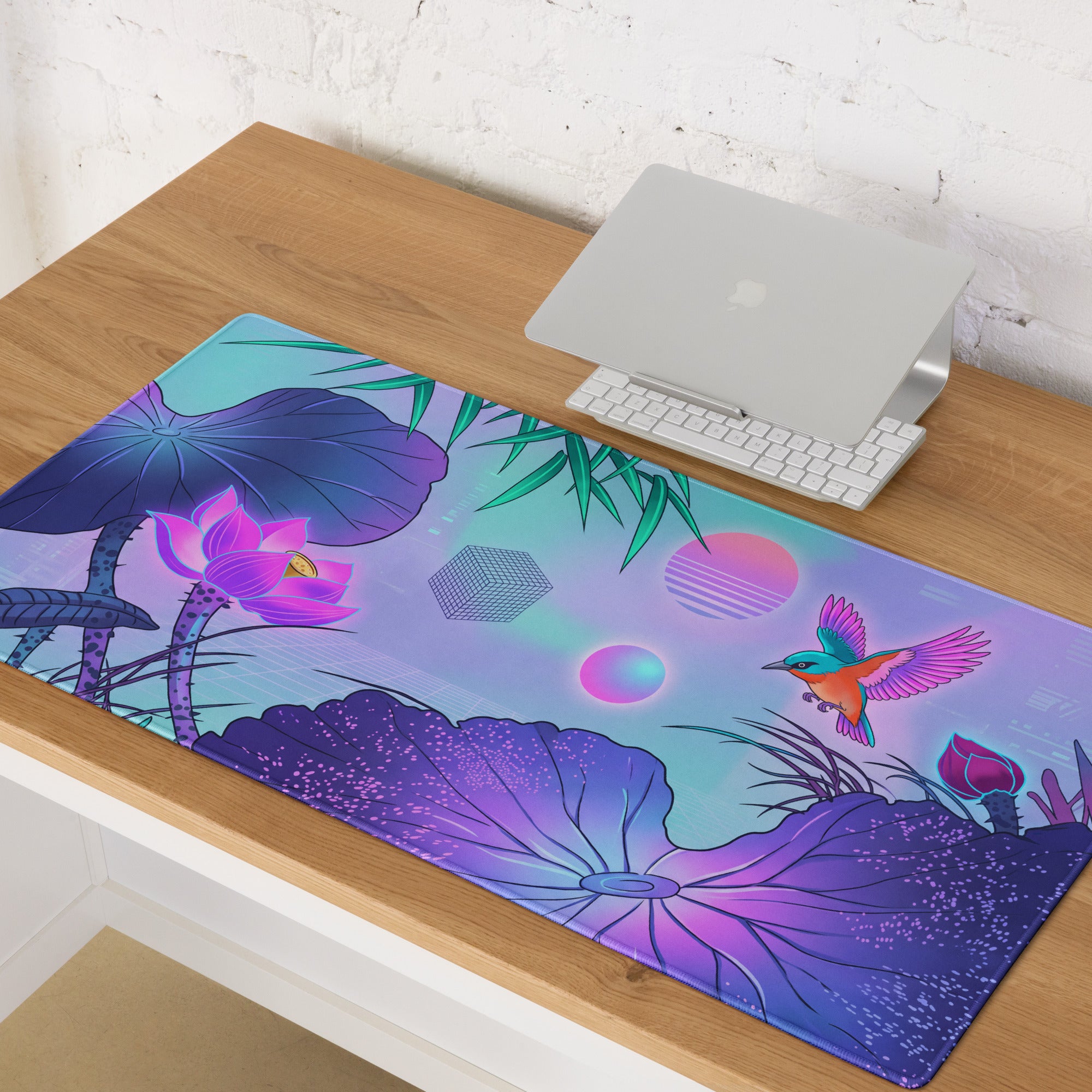 Vaporwave Neon Lotus Mouse Pad - Gaming Mouse Pad Blue Purple Pink Desktop Vaporwave Dreamy Mood Neon Decor Digital