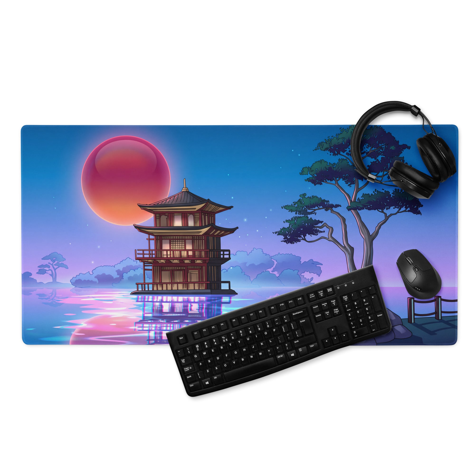 Vaporwave Pagoda Mouse Pad - Mouse Pad Blue Pink Purple Desk Vaporwave Dreamy Retro Futurism Gaming Mat Digital Art