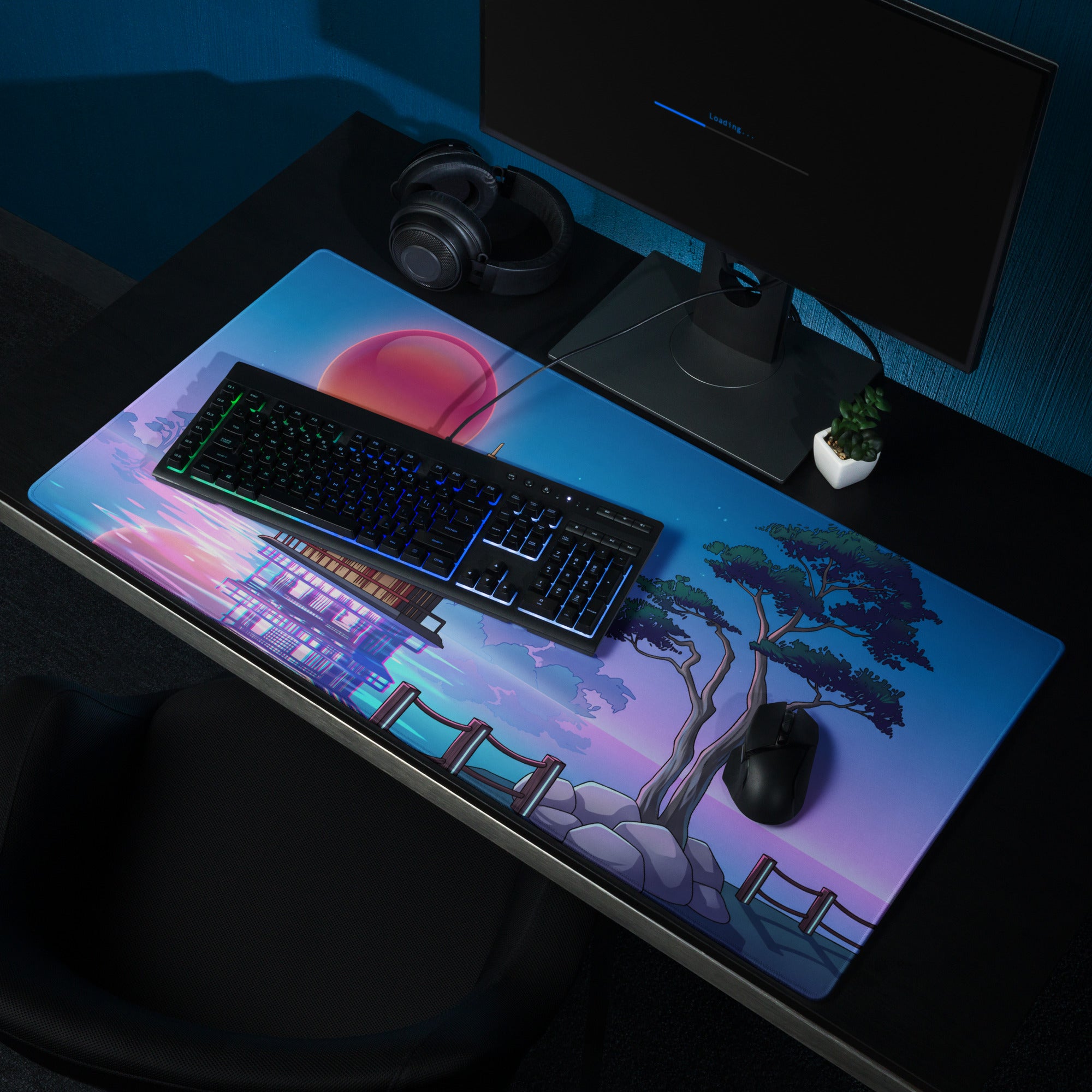 Vaporwave Pagoda Mouse Pad - Mouse Pad Blue Pink Purple Desk Vaporwave Dreamy Retro Futurism Gaming Mat Digital Art