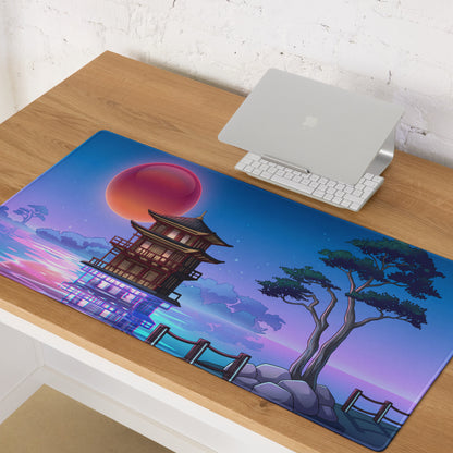 Vaporwave Pagoda Mouse Pad - Mouse Pad Blue Pink Purple Desk Vaporwave Dreamy Retro Futurism Gaming Mat Digital Art