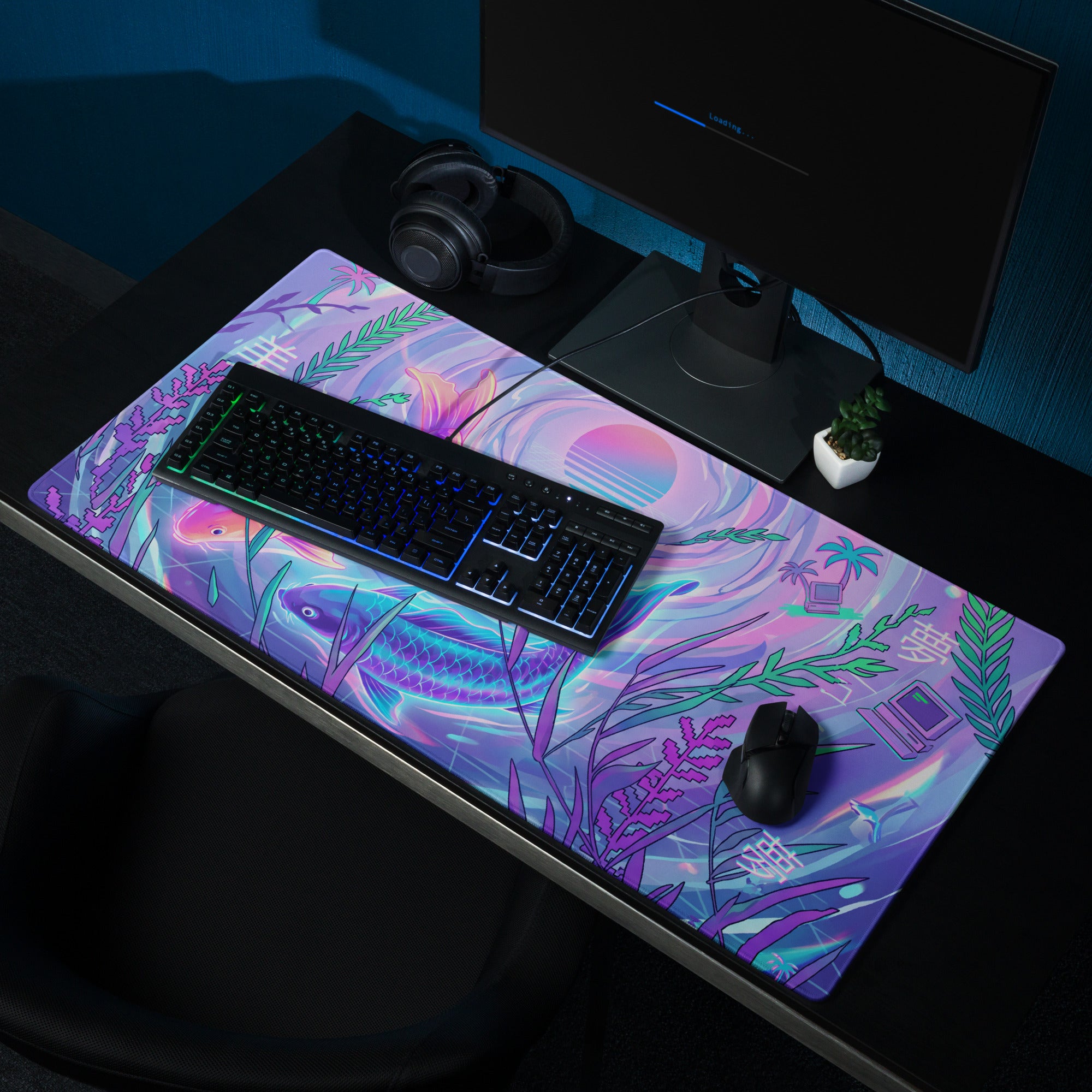 Vaporwave Neon Ocean Gaming Pad - Gaming Mouse Pad Pink Purple Blue Neon Vaporwave Desktop Dreamy Mood Aesthetic Digital