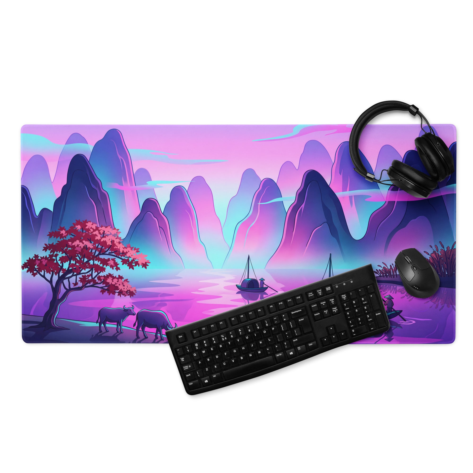 Vaporwave Mountain Desk Pad - Mountain Vaporwave Desk Pad Purple Pink - Dreamy Mood Neon Decor Gamer Desk