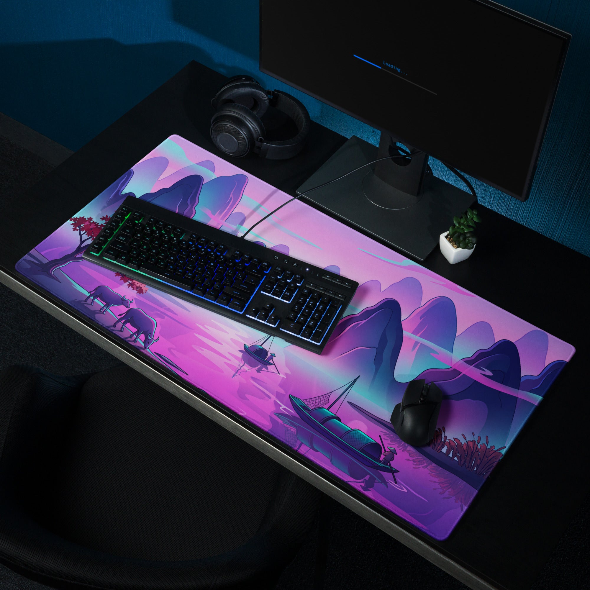 Vaporwave Mountain Desk Pad - Mountain Vaporwave Desk Pad Purple Pink - Dreamy Mood Neon Decor Gamer Desk