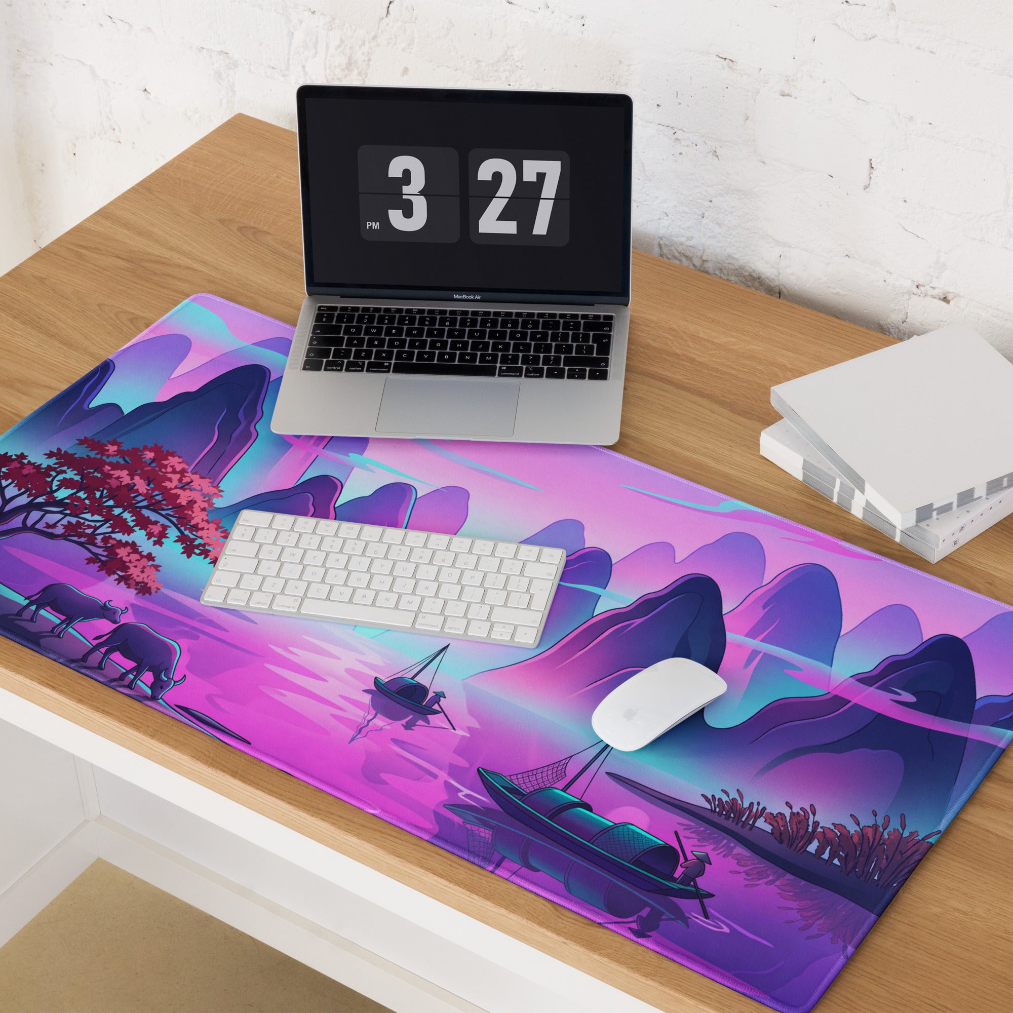 Vaporwave Mountain Desk Pad - Mountain Vaporwave Desk Pad Purple Pink - Dreamy Mood Neon Decor Gamer Desk
