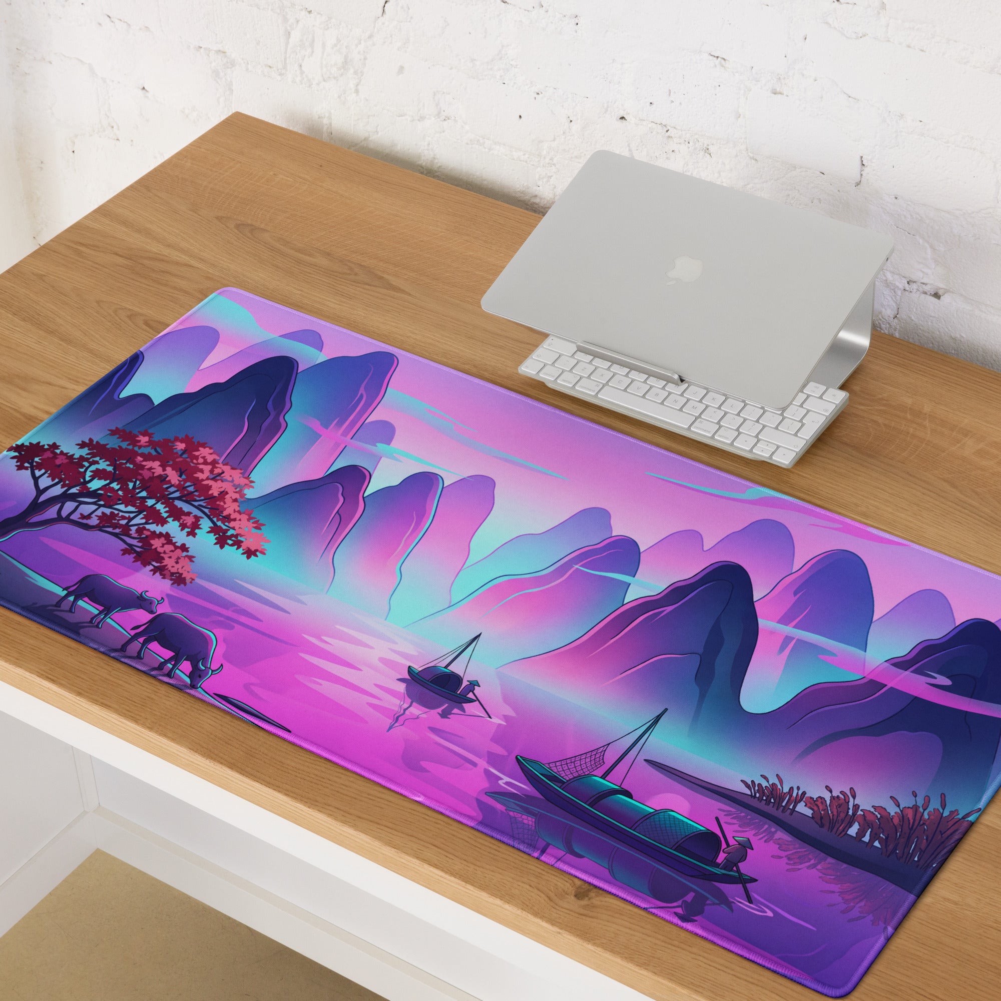 Vaporwave Mountain Desk Pad - Mountain Vaporwave Desk Pad Purple Pink - Dreamy Mood Neon Decor Gamer Desk
