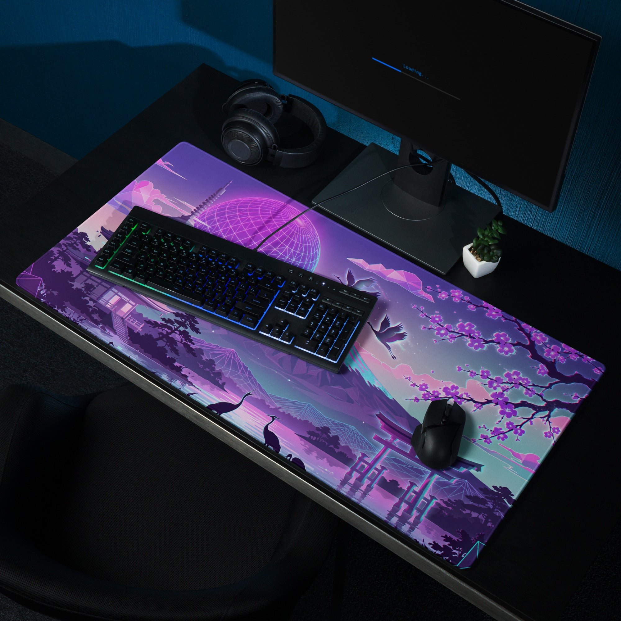 Neon Vaporwave Desk Pad - Vaporwave Mouse Pad Neon Pink Blue Desk Setup Retro Futurism Dream Mood Digital Art
