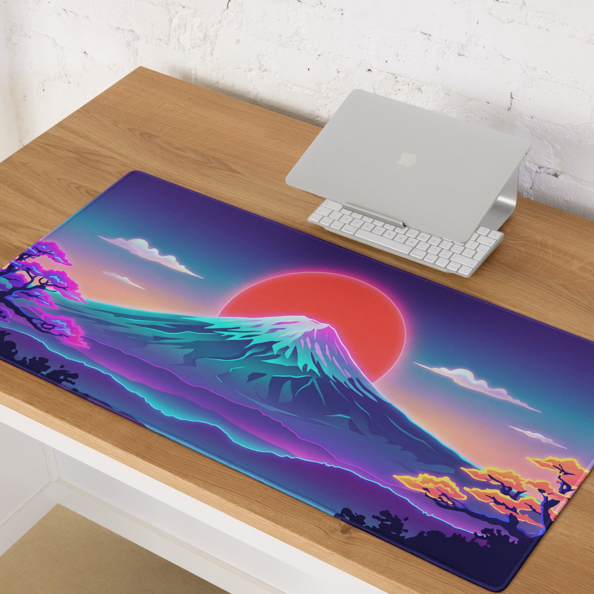 Vaporwave Neon Mountain Mouse Pad - Mouse Pad Neon Pink Purple Gradient Gaming Desk Vaporwave Mood Neon Retro Futurism Decor Digital Art