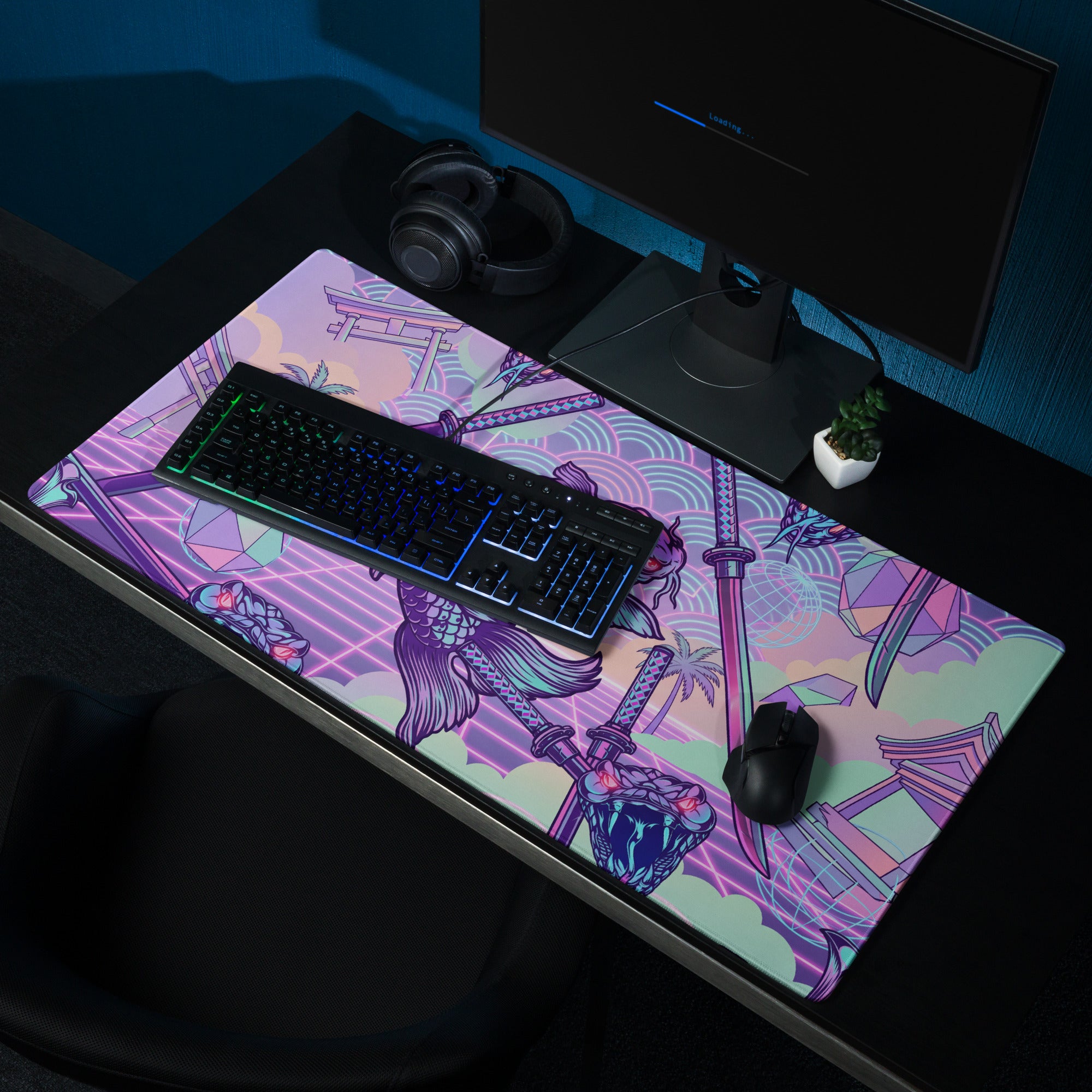 Vaporwave Neon Dragon Desk Pad - Dragon Purple Pink Teal Gaming Desk Vaporwave Surreal Retro Pastel Digital