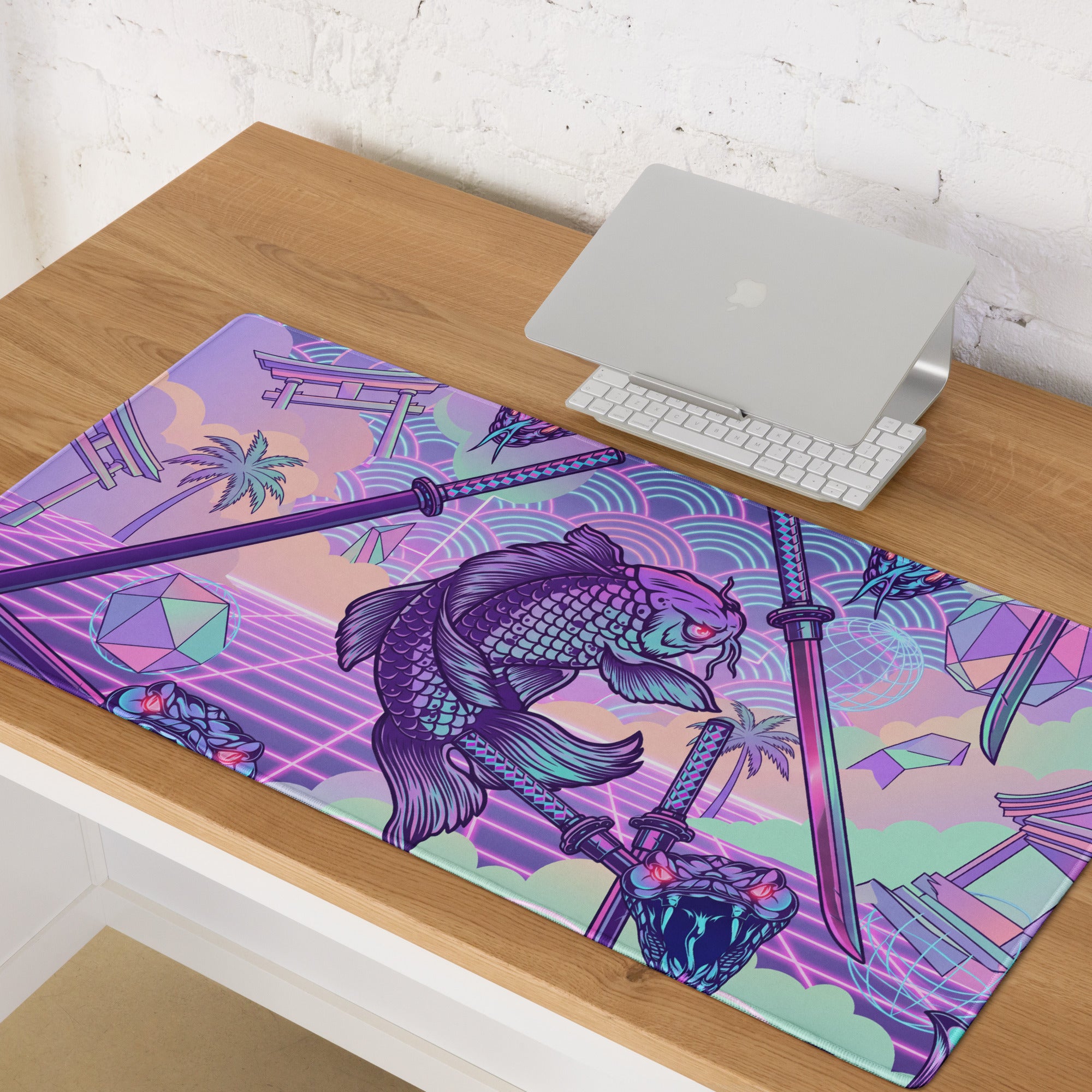 Vaporwave Neon Dragon Desk Pad - Dragon Purple Pink Teal Gaming Desk Vaporwave Surreal Retro Pastel Digital