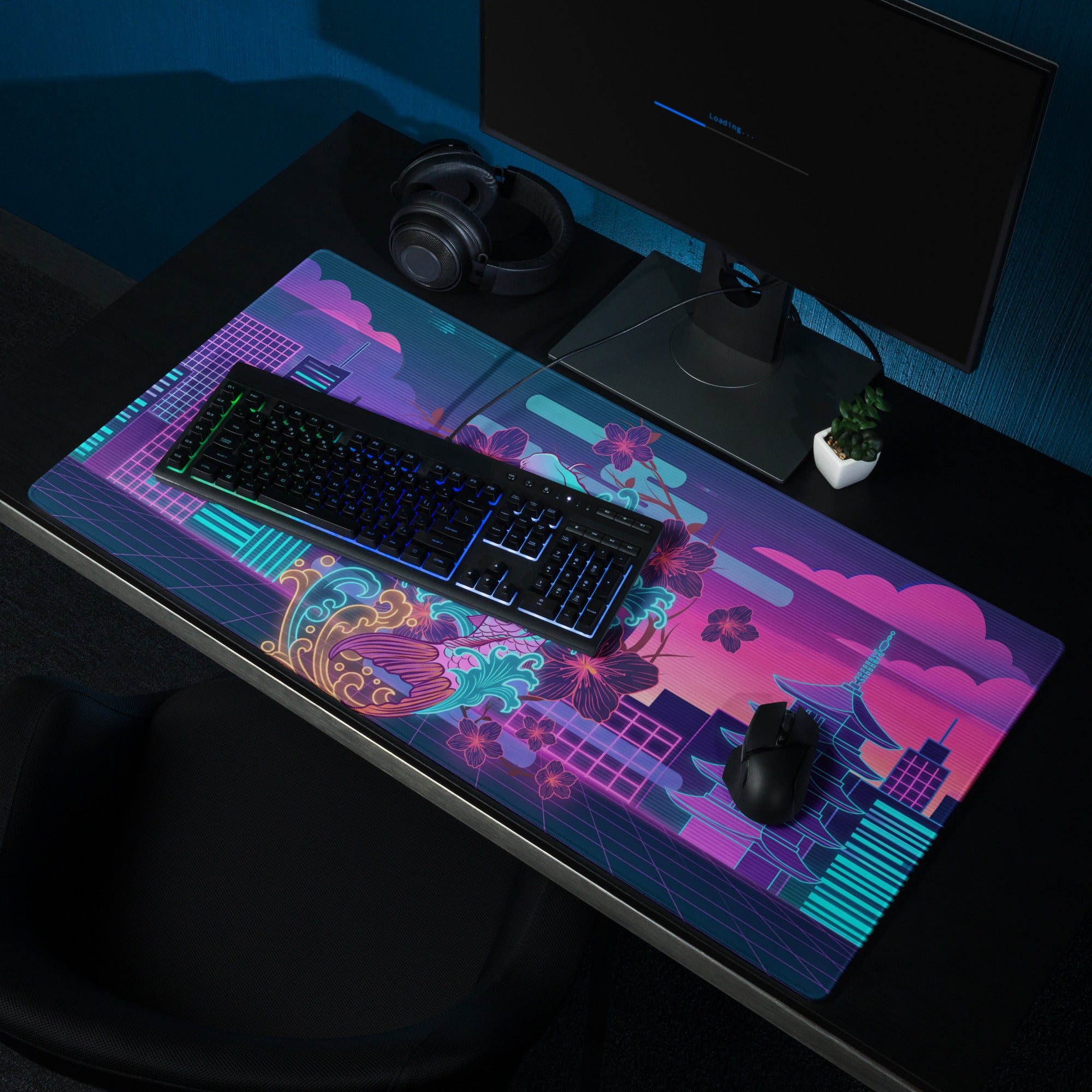 Vaporwave Neon Koi Mouse Pad - Mouse Pad Neon Purple Pink Blue Desk Vaporwave Dreamy Neon Decor Koi City Digital Art