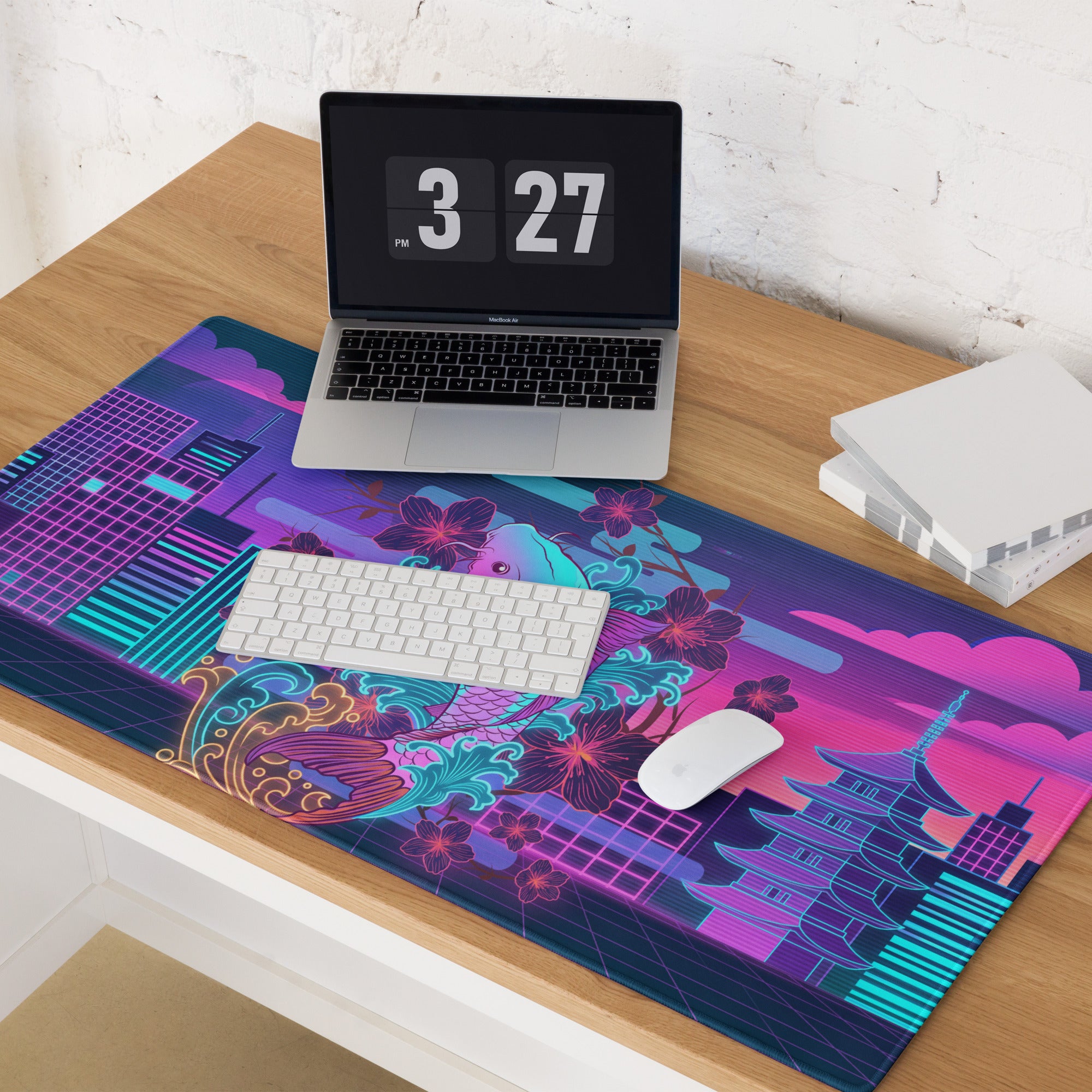 Vaporwave Neon Koi Mouse Pad - Mouse Pad Neon Purple Pink Blue Desk Vaporwave Dreamy Neon Decor Koi City Digital Art
