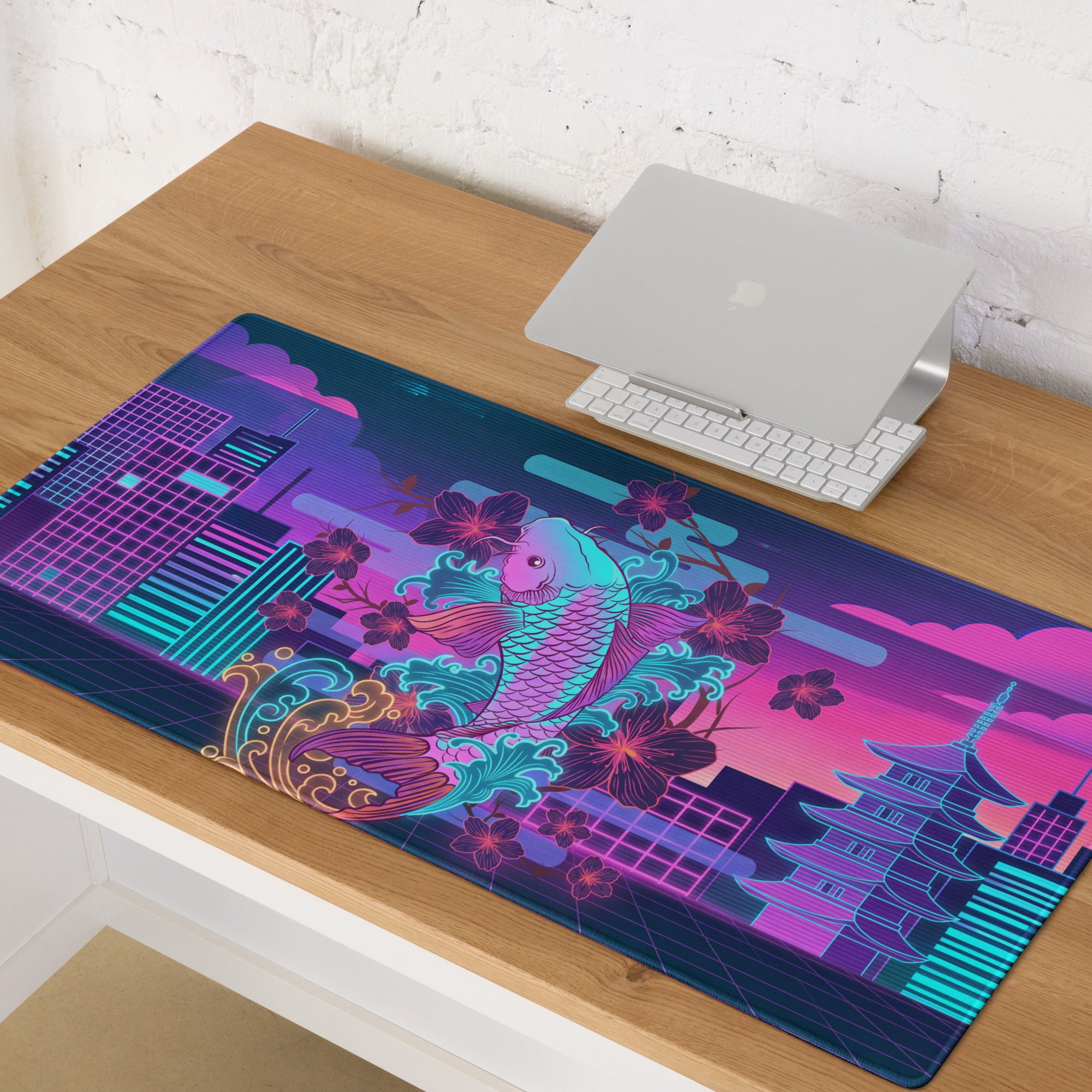 Vaporwave Neon Koi Mouse Pad - Mouse Pad Neon Purple Pink Blue Desk Vaporwave Dreamy Neon Decor Koi City Digital Art