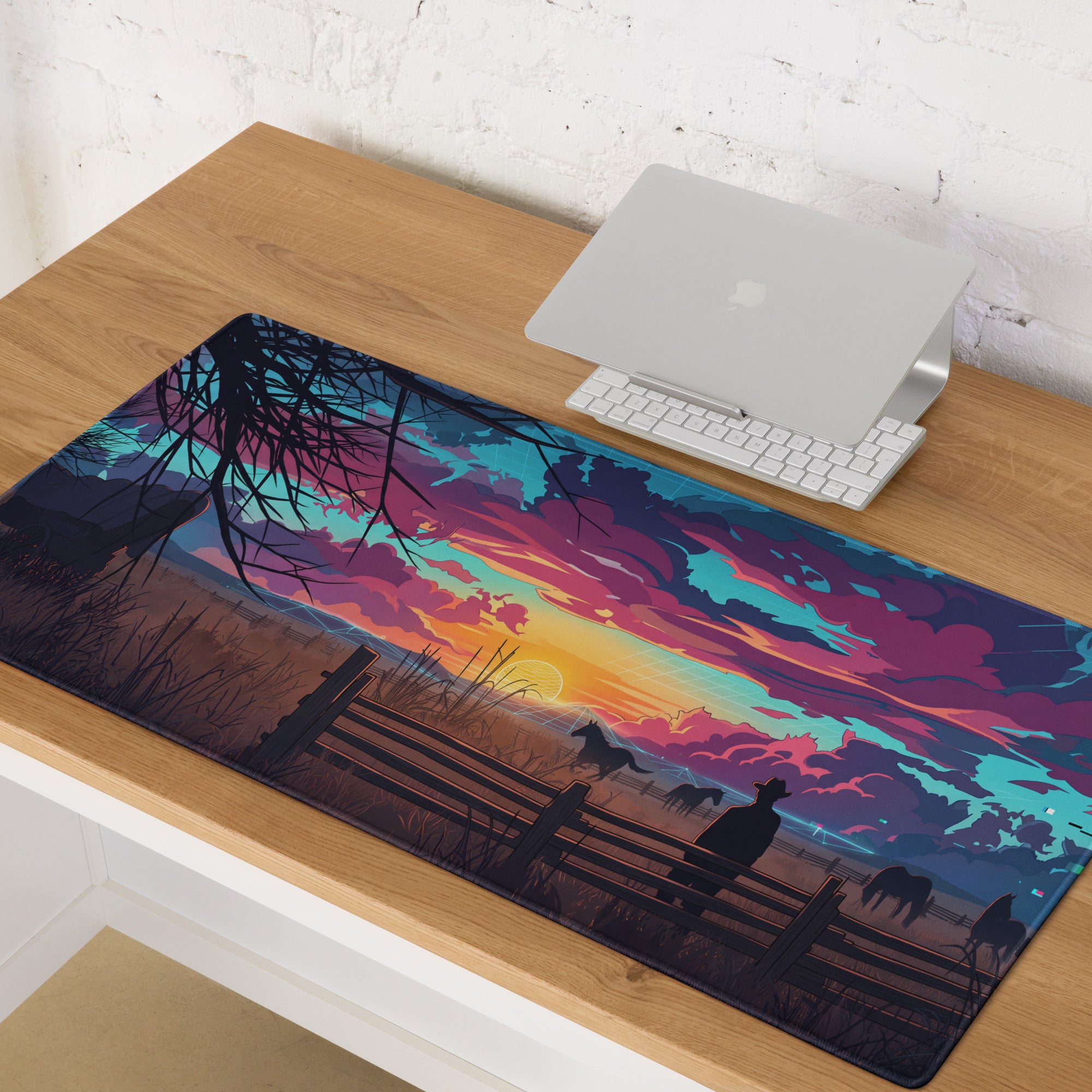 Vaporwave Sunset Horse Desk Mat - Sunset Horse Blue Purple Pink Desk Vaporwave Dreamy Neon Mood, Retro Decor, Mouse Pad
