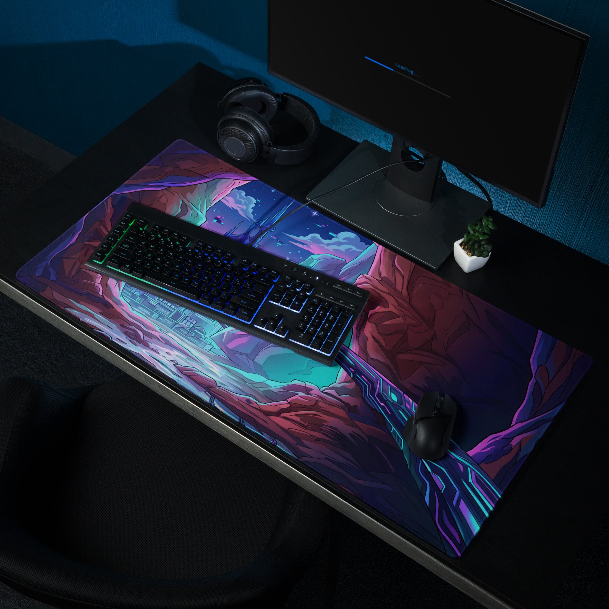 Neon Vaporwave Cityscape Mouse Pad - Mouse Pad Neon Purple Cityscape Dreamy Neon Mood Cyberpunk Desk Illustration
