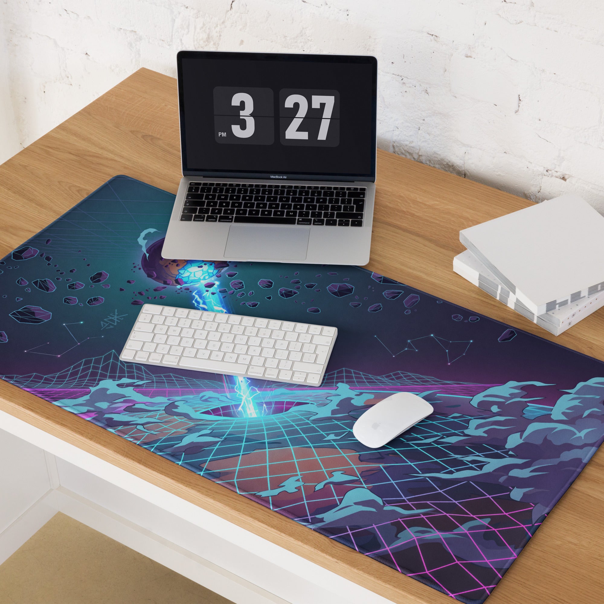 Vaporwave Neon Grid Mouse Pad - Mouse Pad Neon Blue Purple Vaporwave Desk Setup Dreamy Retro Futurism Gaming Digital Art