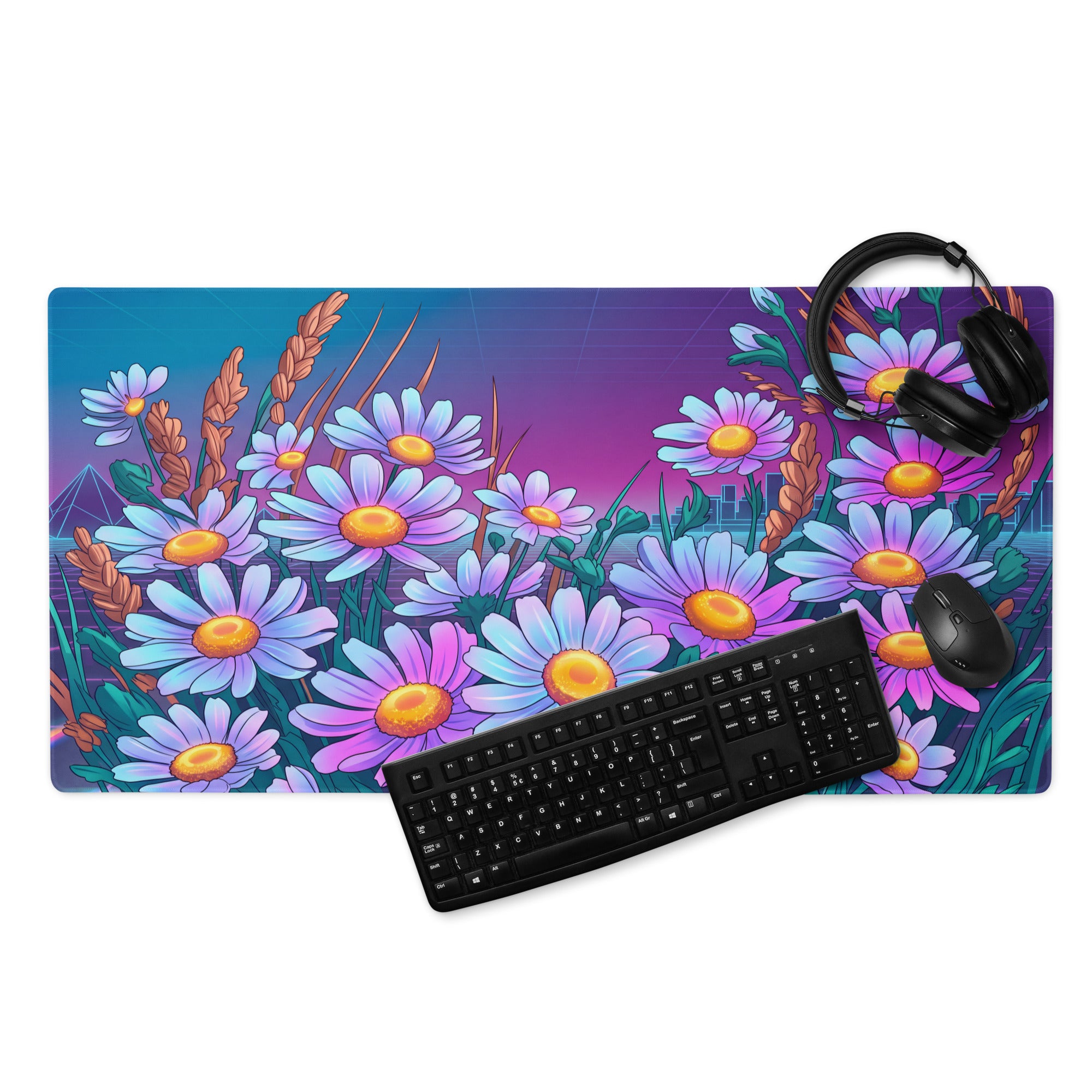 Vaporwave Floral Neon Mouse Pad - Daisies Purple Blue Neon Desk Vaporwave Vibrant Retro Synthwave Floral Desk Pad