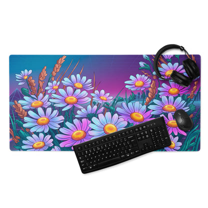 Vaporwave Floral Neon Mouse Pad - Daisies Purple Blue Neon Desk Vaporwave Vibrant Retro Synthwave Floral Desk Pad