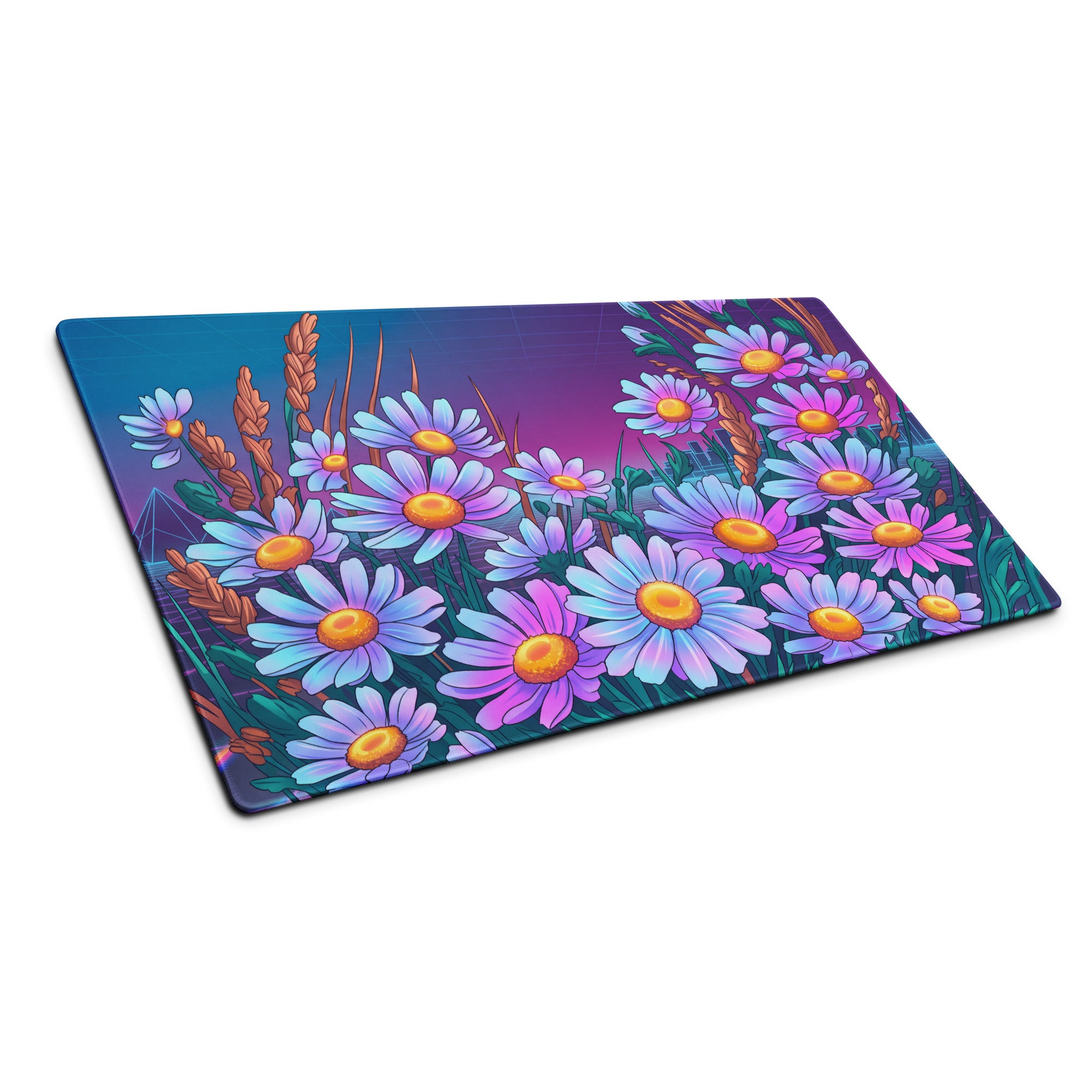 Vaporwave Floral Neon Mouse Pad - Daisies Purple Blue Neon Desk Vaporwave Vibrant Retro Synthwave Floral Desk Pad