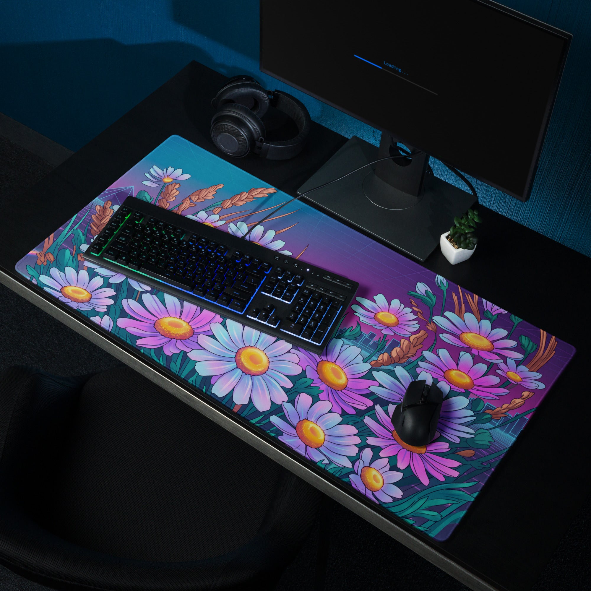 Vaporwave Floral Neon Mouse Pad - Daisies Purple Blue Neon Desk Vaporwave Vibrant Retro Synthwave Floral Desk Pad