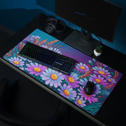 Vaporwave Floral Neon Mouse Pad - Daisies Purple Blue Neon Desk Vaporwave Vibrant Retro Synthwave Floral Desk Pad
