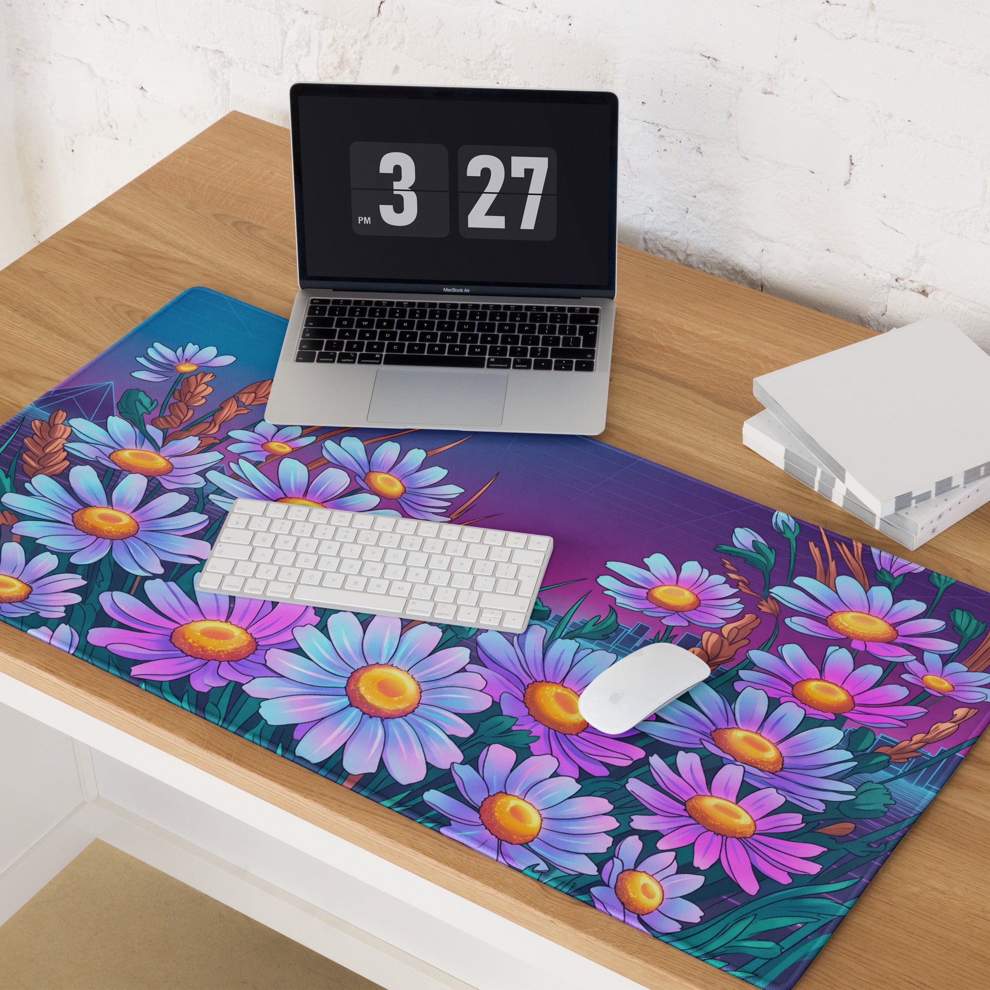 Vaporwave Floral Neon Mouse Pad - Daisies Purple Blue Neon Desk Vaporwave Vibrant Retro Synthwave Floral Desk Pad